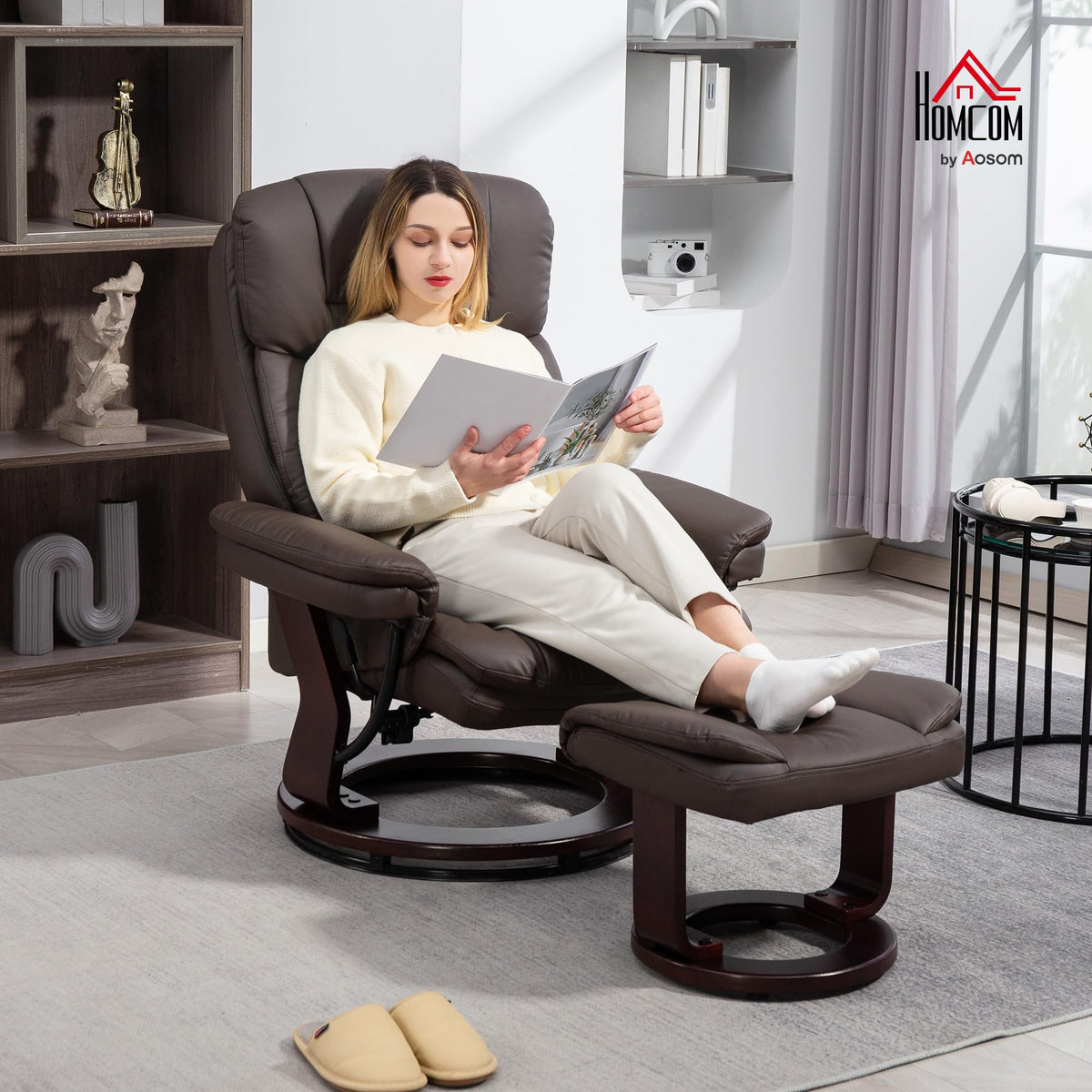 HOMCOM Recliner Chair with Ottoman, PU Leather Swivel Recliner with Comfy Footrest, Upholstered Adjustable Living Room Chair and Ottoman Set, Dark Brown