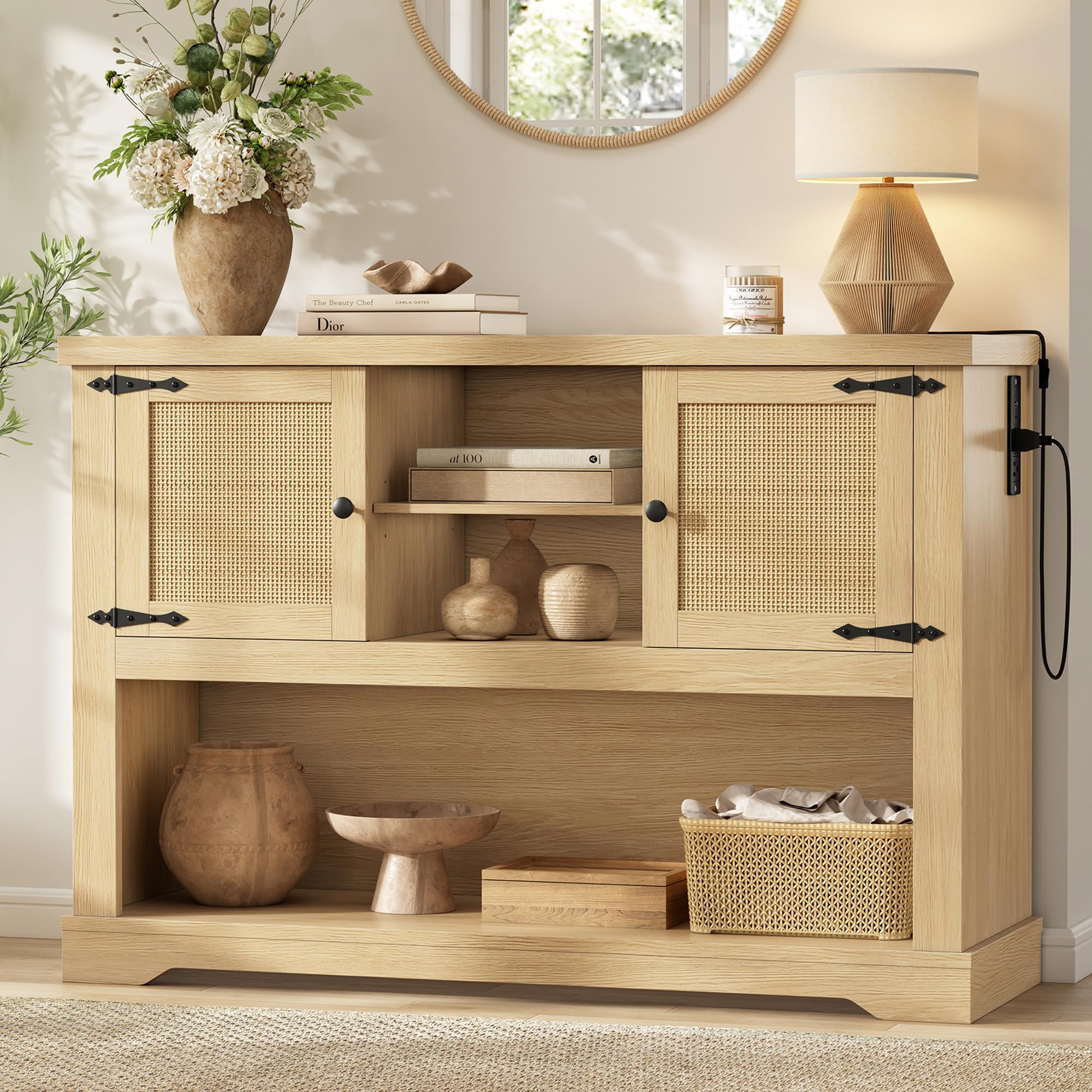 LIKIMIO Farmhouse Entryway Table with Power Outlets, 47.2" Rattan Console Table with Adjustable Storage Shelves & Rattan Doors Cabinet, Sofa Table for Entry, Living Room, Hallway, Natural