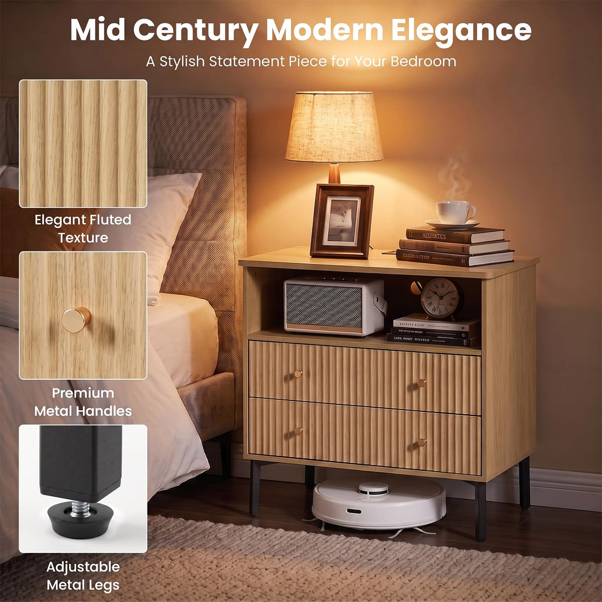 Fluted Nightstand with Charging Station