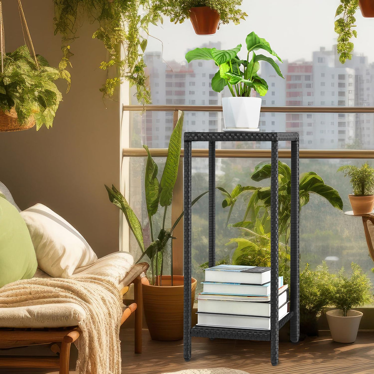 Outdoor Plant Stand 2 Tier Shelf for Patio Flower Pot Planter Stand Holder with Wicker Poly Lumber Shelves 31" Tall Corner Plant Display Rack with Adjustable Feet Heavy Duty for Balcony Porch Black