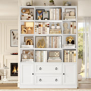 FINETONES 71" H White Bookshelf with Doors, 6 Tier Tall Bookcase with Drawers, Triple Wide Large Bookshelves and Bookcases, Wood Book Shelf Storage Cabinet for Home Office, White