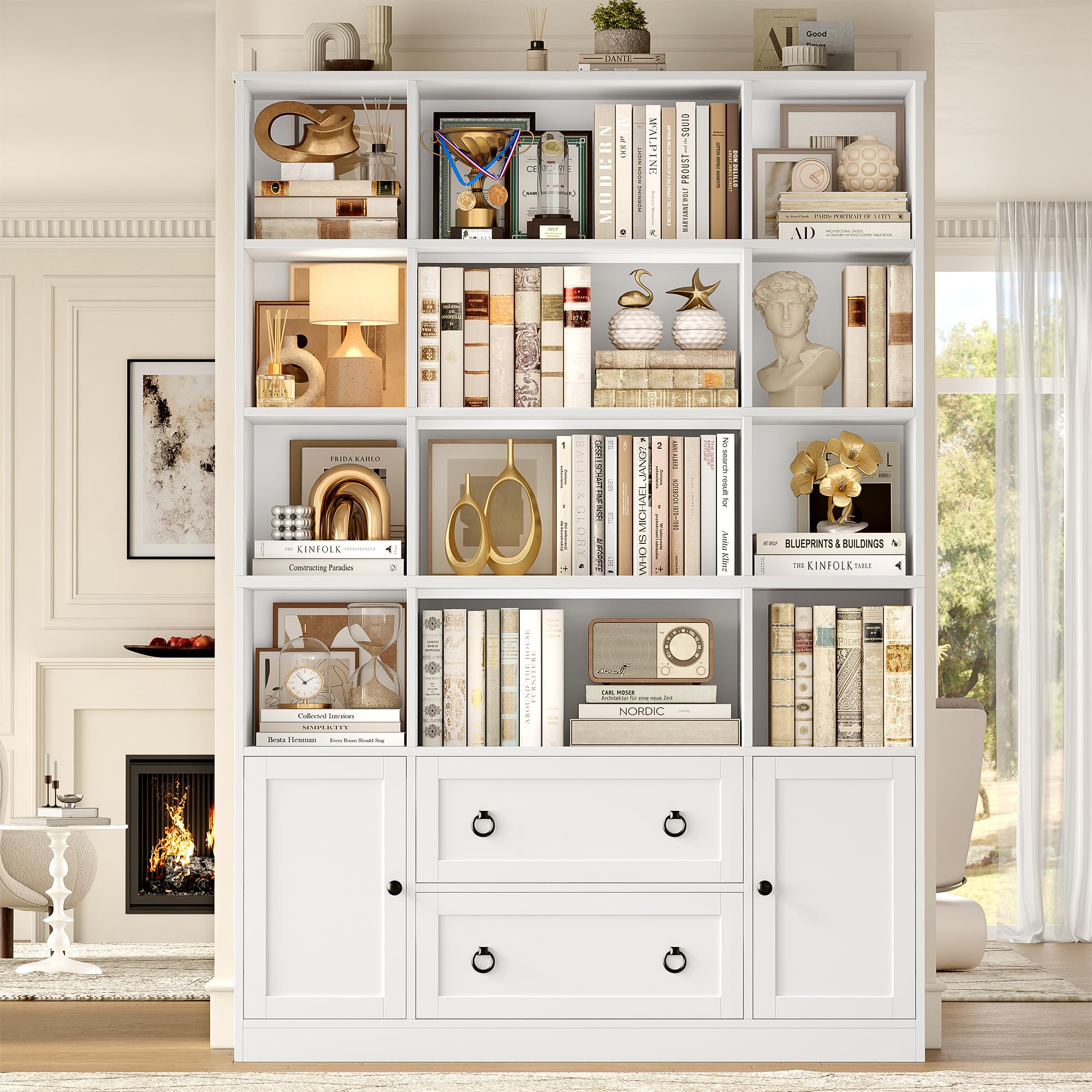 FINETONES 71" H White Bookshelf with Doors, 6 Tier Tall Bookcase with Drawers, Triple Wide Large Bookshelves and Bookcases, Wood Book Shelf Storage Cabinet for Home Office, White