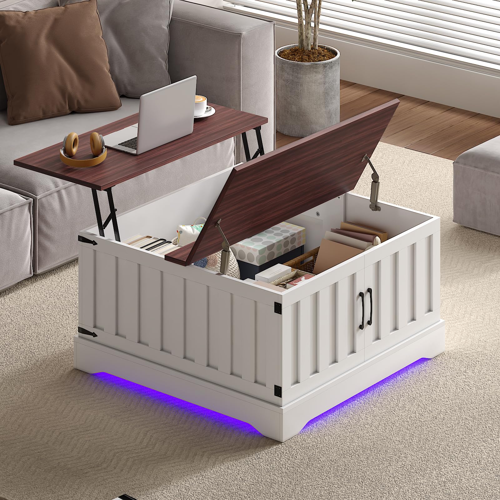 HedoAjim 31.5" Lift Top Coffee Table with Storage, Led Square White Coffee Table with Large Hidden Storage, Wood Living Room Table Center Table for Living Room Dining Reception Room
