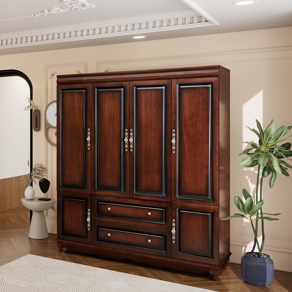 TemkTuek Solid Wood Armoire Wardrobe Closet, Cherry Finish Bedroom Storage