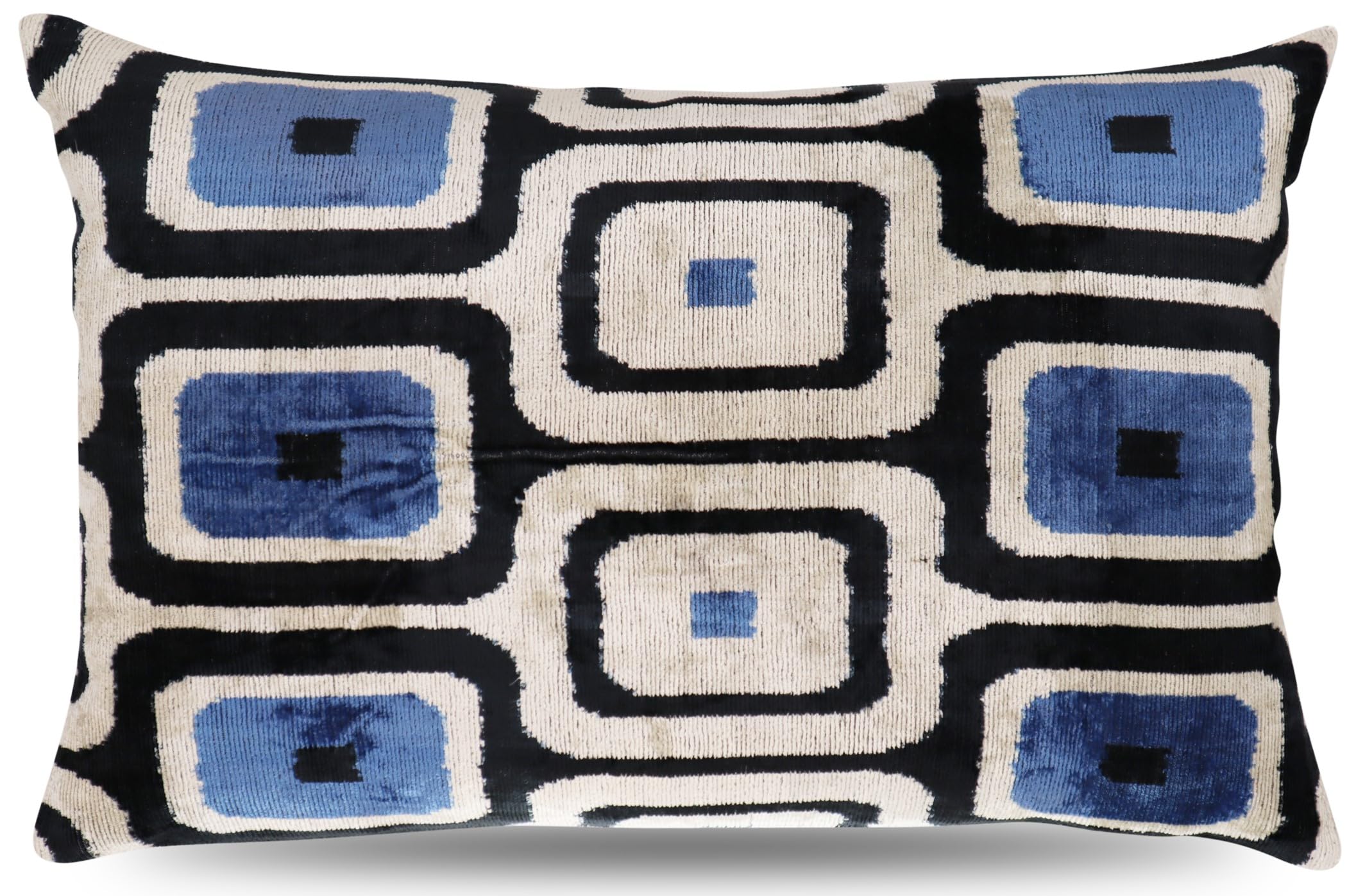 CANVELLO Handmade Velvet Decorative Pillow 16" x 24" | Premium Down Feather Fill, Geometric Blue and Black Pattern, Hidden Zipper Closure