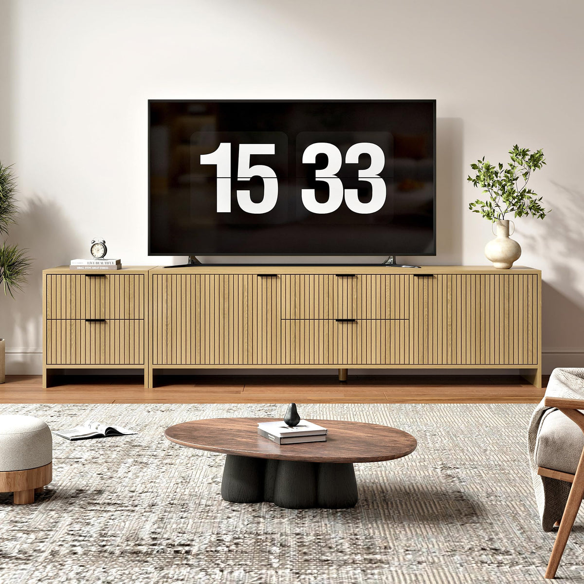 BVIUNTWO Fluted TV Stand for TVs up to 85",Modern TV Console with 4 Drawers,Wood Entertainment Center with Adjustable Shelves & Storage Cabinets for Living Room,Natural Oak