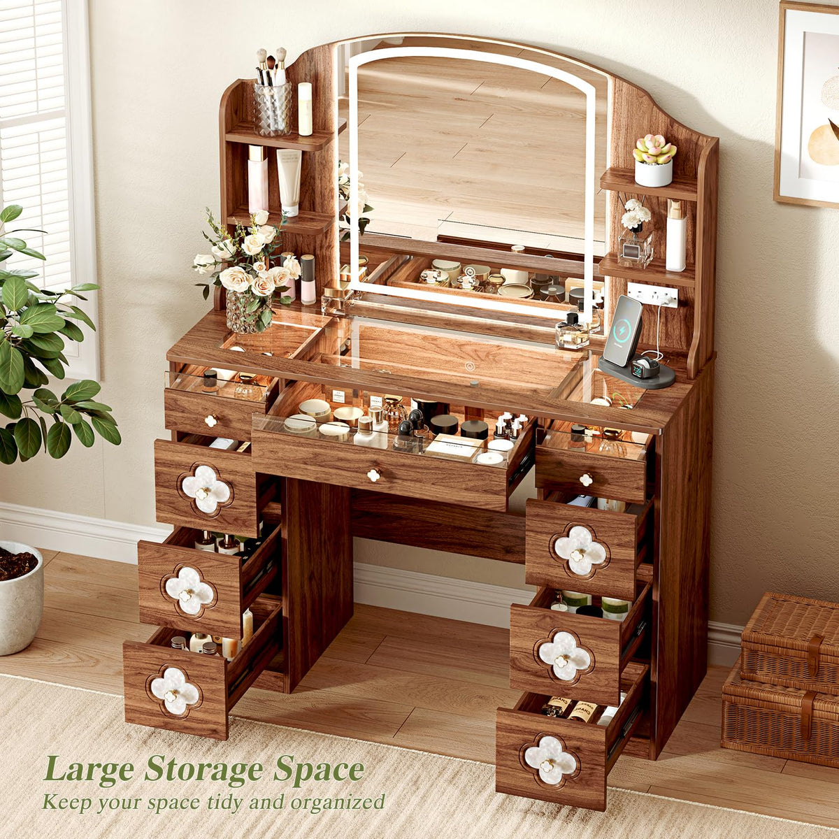 Ieejdn 43.3" Makeup Vanity with LED Mirror, 9 Drawers Dresser with Clover Handles, Built-in Shelves & Power Outlet, Lighted Vanity Desk with Storage for Bedroom, Walnut