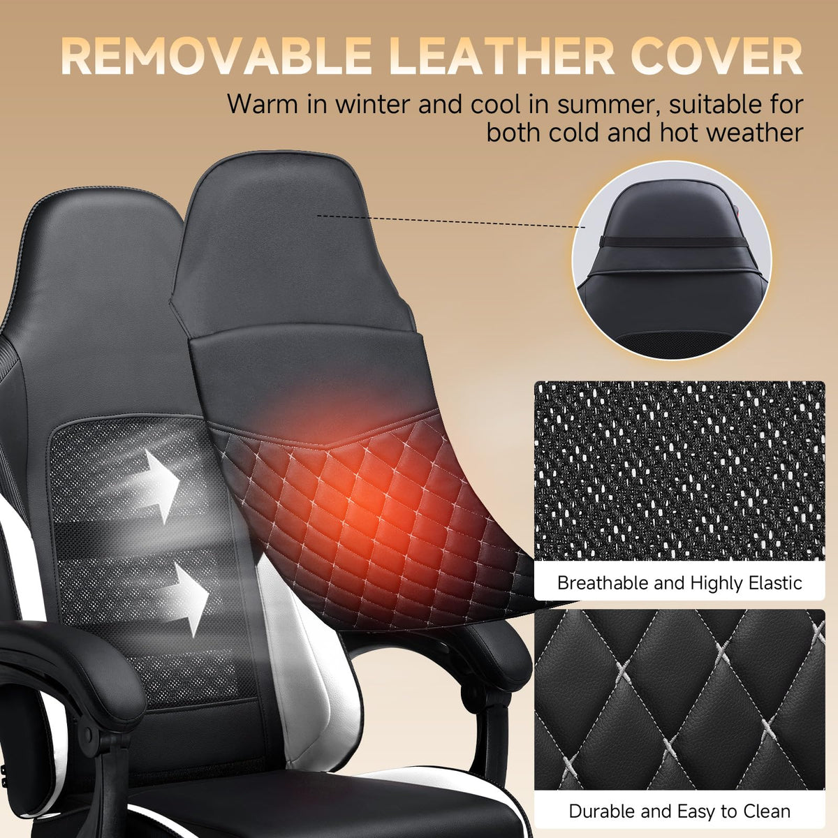 GTPLAYER Gaming Chair, High Back Leather Computer Gaming Chair with Footrest, Ergonomic Height Adjustable Office Chair with Removable Cover and Lumbar Support for Gaming & Work,White