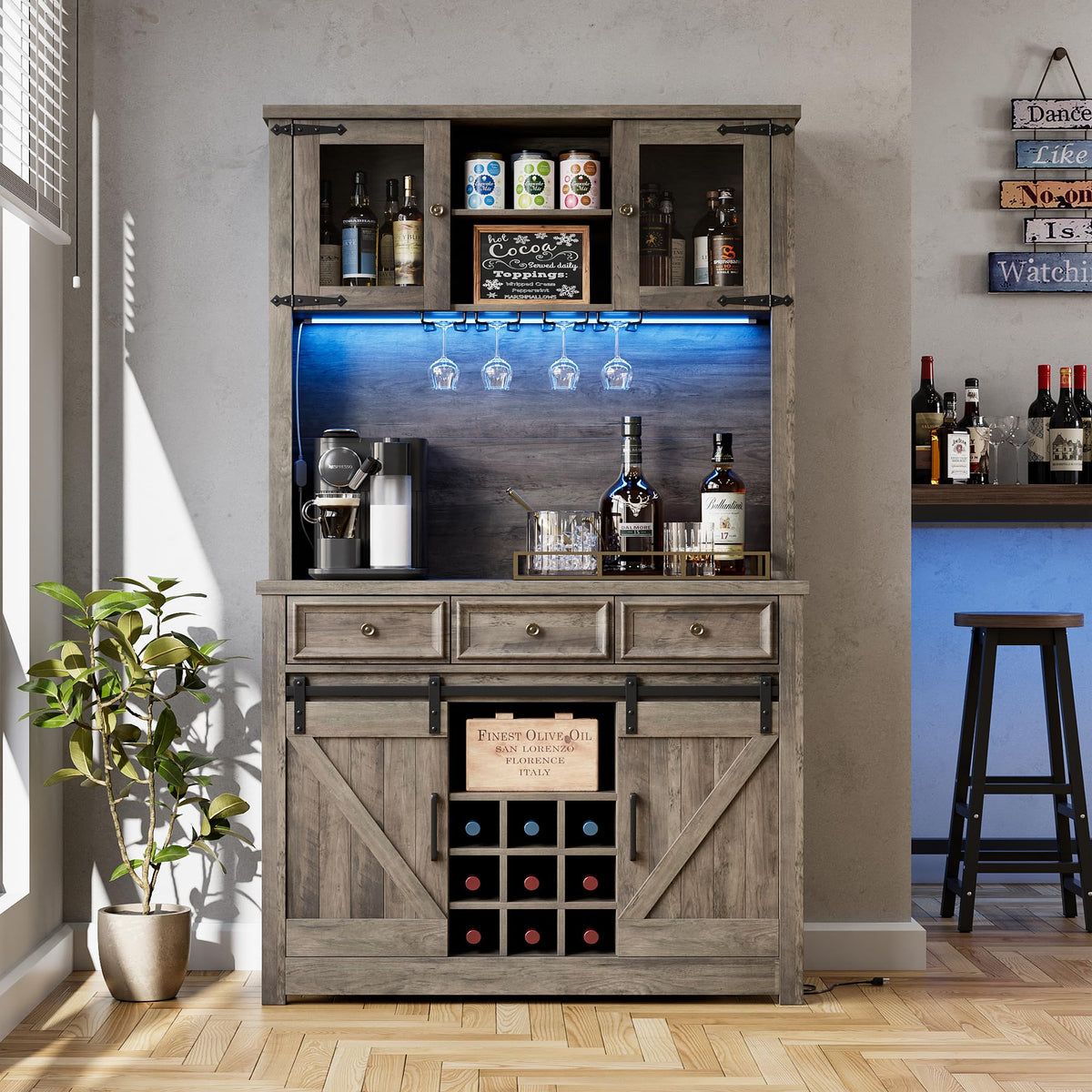 72" Coffee Bar Cabinet with Storage, Kitchen Buffet Hutch, Wine Cabinet