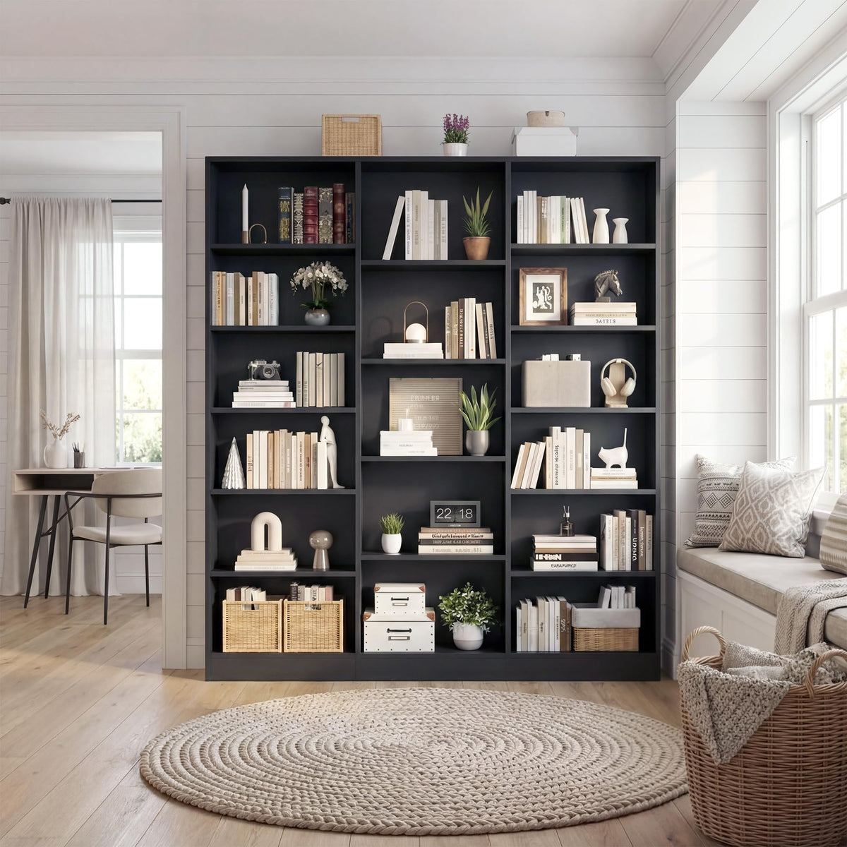 ELYKEN Triple Wide Bookshelf, Large 6 Tier Bookcase with 17 Shelves, Black