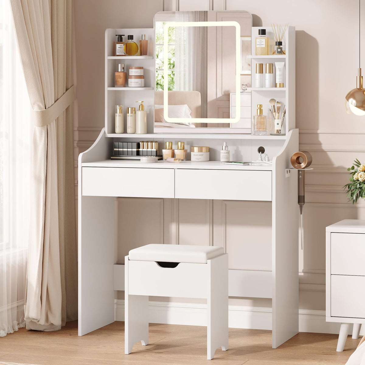 Vabches Vanity Desk with Mirror and Lights, Vanity with Lighted Mirror