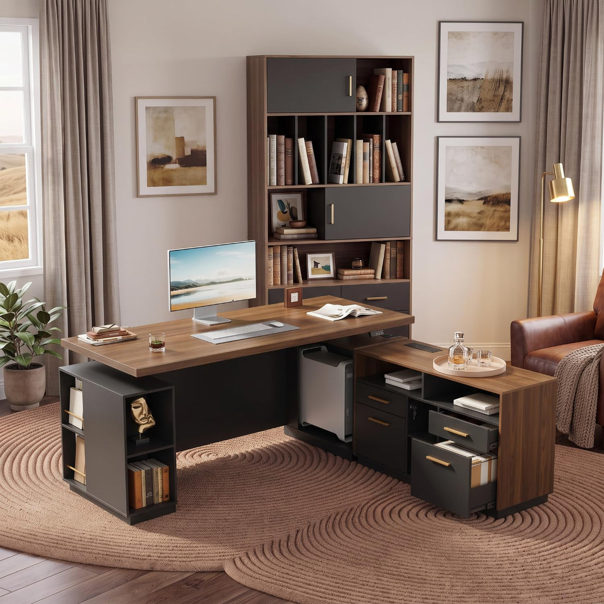 ModernMate 71" L Shaped Standing Desk & 73.3" Tall Bookcase Cabinet Set