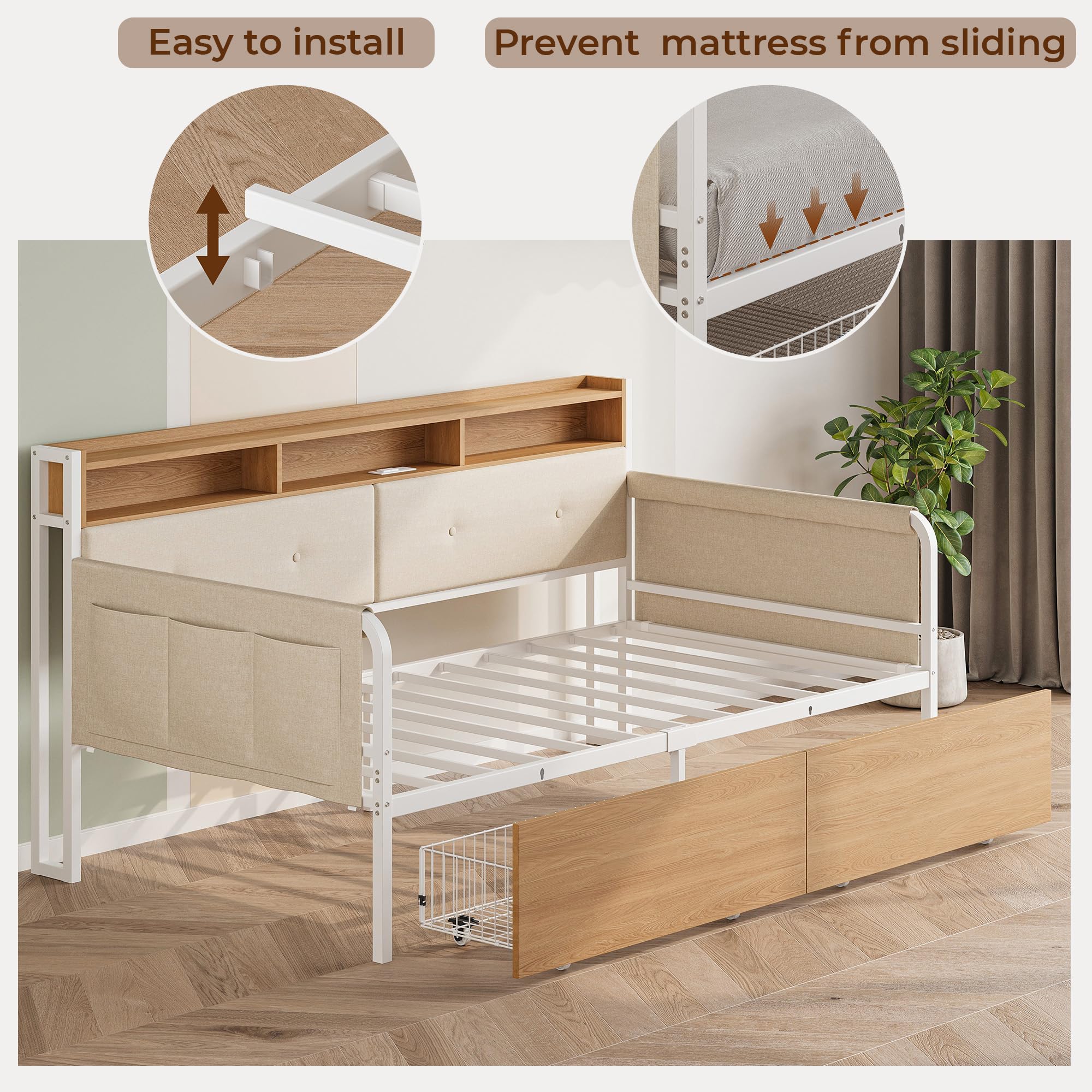 LIKIMIO Twin Daybed with Storage,Upholstered Headboard and Charging Station,White