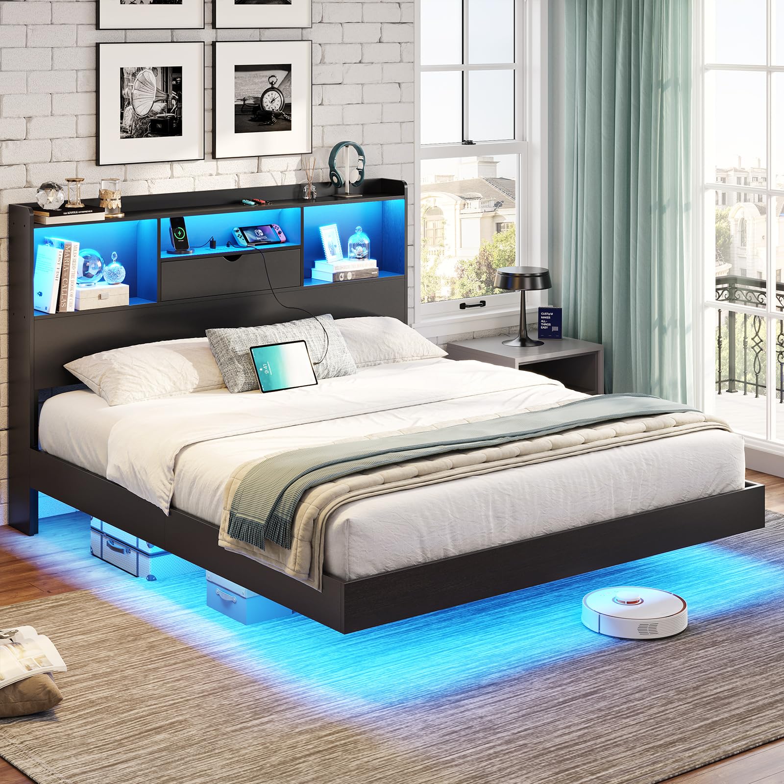 DICTAC Queen Floating Bed Frame with LED Lights and Storage Headboard, Visual Floating Bed with Charing Station, Queen Size Metal Platform Bed with Stable Structure, No Box Spring Need, Easy Assembly