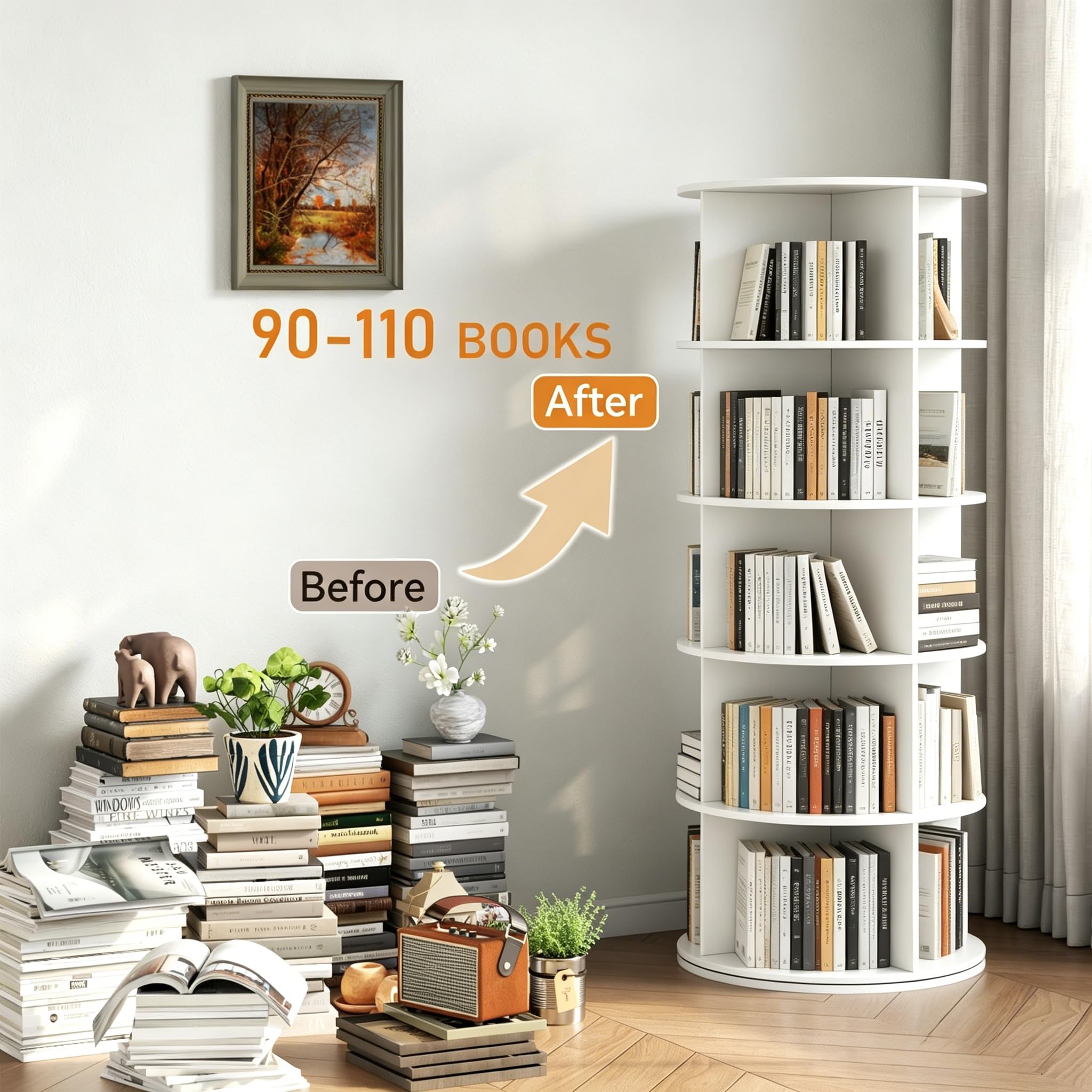 Gyfimoie Rotating Bookshelf Tower, 6-Tier Spining Corner Bookshelf 360°Revoving Bookcase Lazy Susan Storage Organizer for Kids Living Room (Pure White)