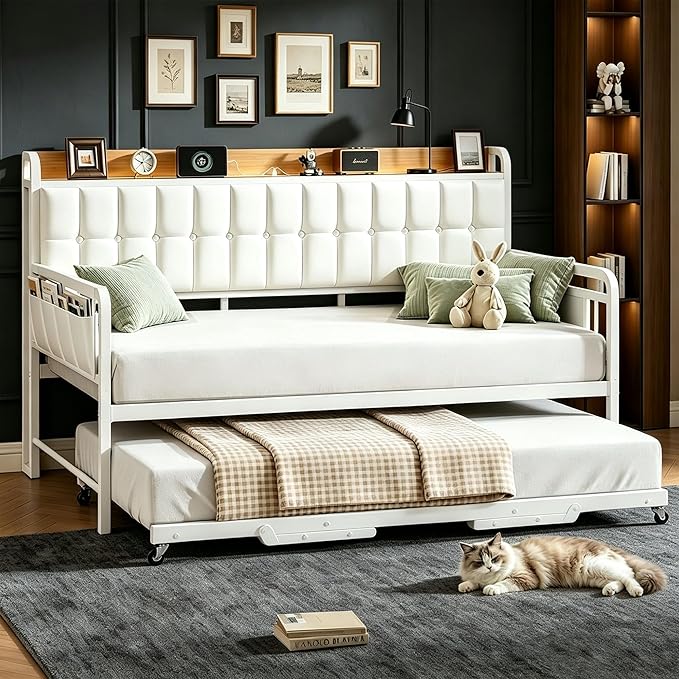 Convertible Sofa Bed with Trundle & LED Headboard