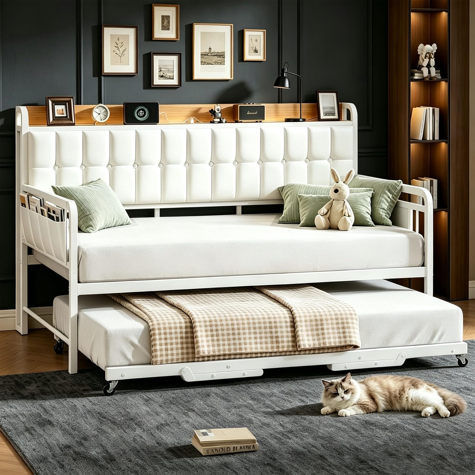 Daybed with Trundle, Metal Twin Bed Frame with Upholstered Storage Headboard, Charging Station & LED, Sofa Day Bed with Pop Up Trundle, Side Pockets, Sturdy Supports for Living Room and Bedroom, White