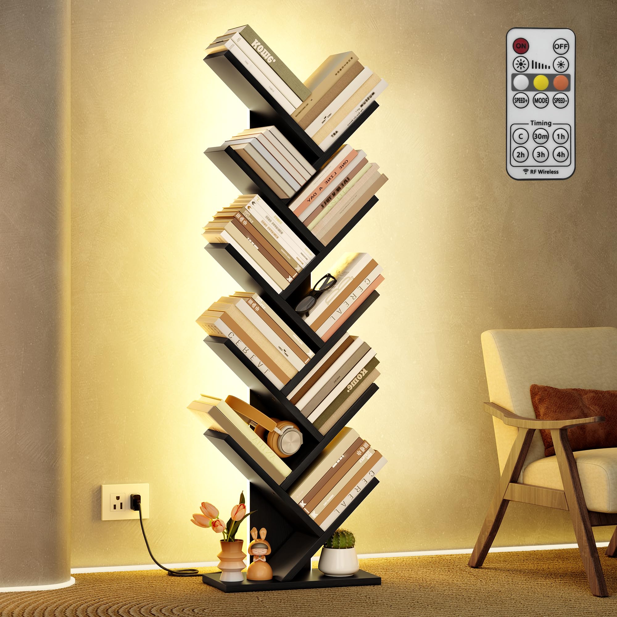 Hoctieon 10 Tier Tree Bookshelf, Tall Bookcase, Freestanding Book Shelf with LED Lights, Display Floor Standing Storage Shelf, Book Organizer Shelves for Home Office, Living Room, Black
