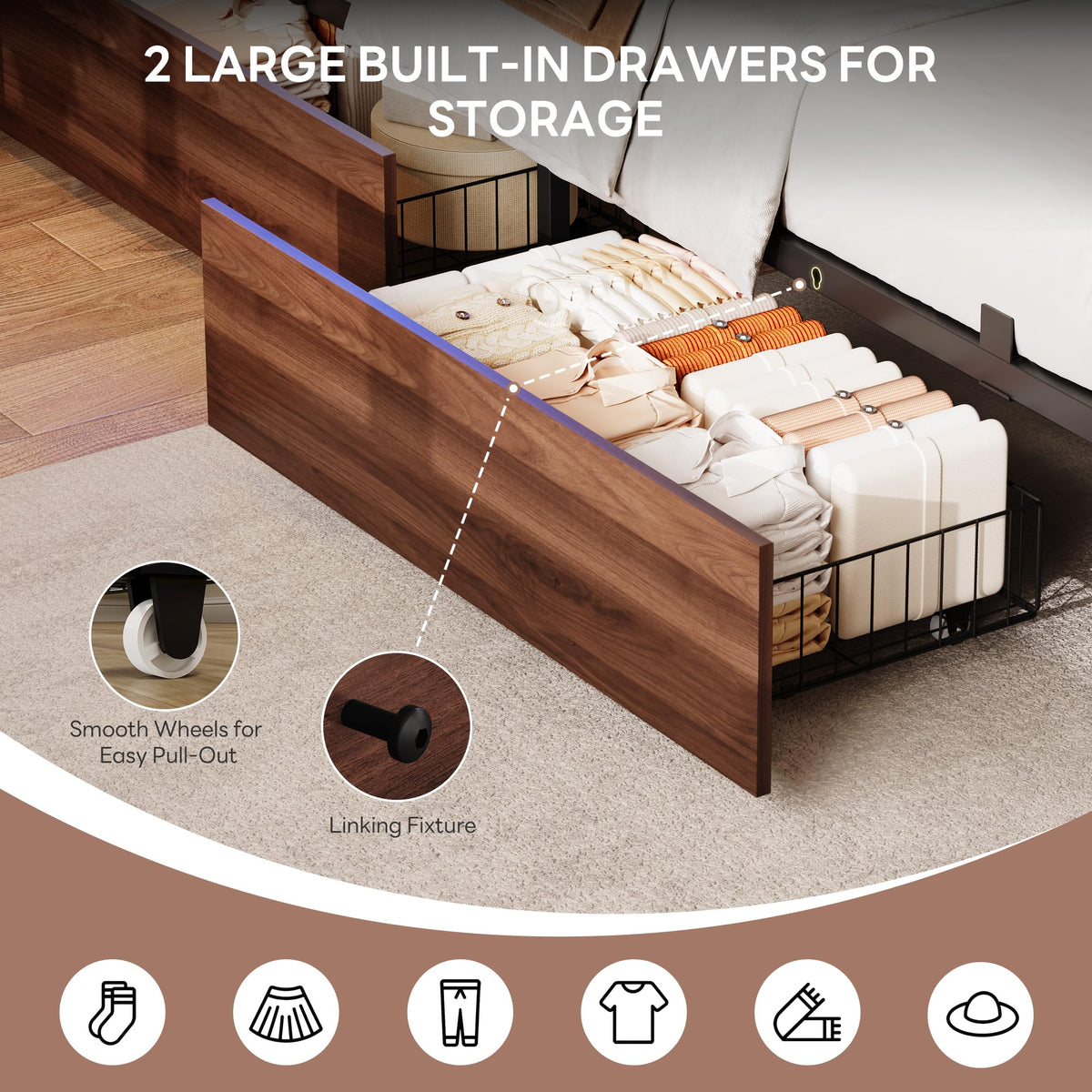 LIKIMIO Twin XL Bed Frames with 2 Large Drawers, Charging Station & RGB LED
