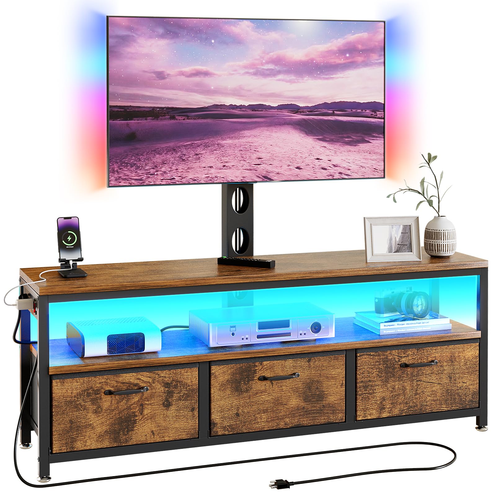 TV Stand with Mount, Power Outlet & LED Lights