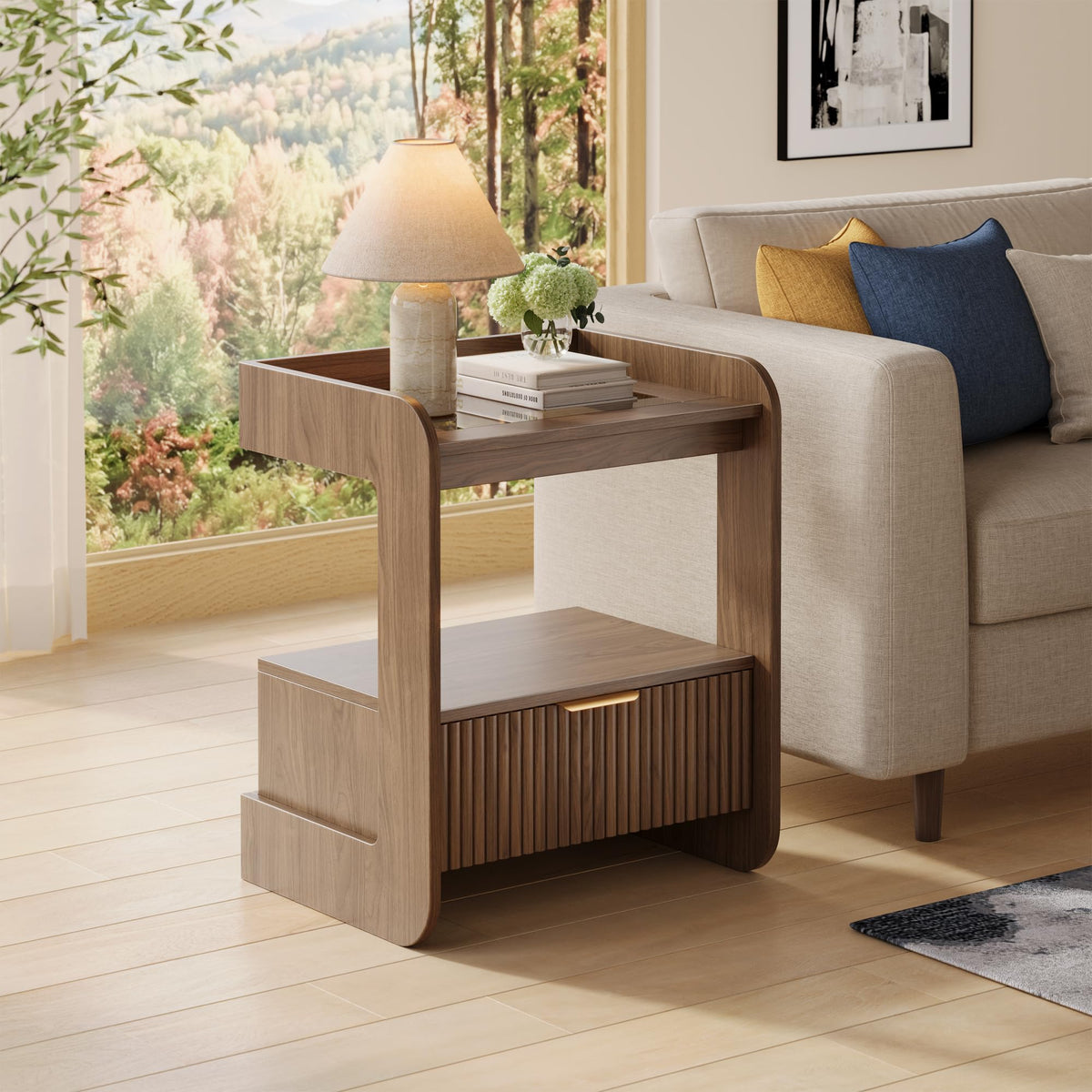 Fluted Nightstands Set of 2, Mid Century Modern Night Stand with Drawer and Open Shelf, Amber Glass Top Wood Bedside End Tables for Bedroom and Living Room
