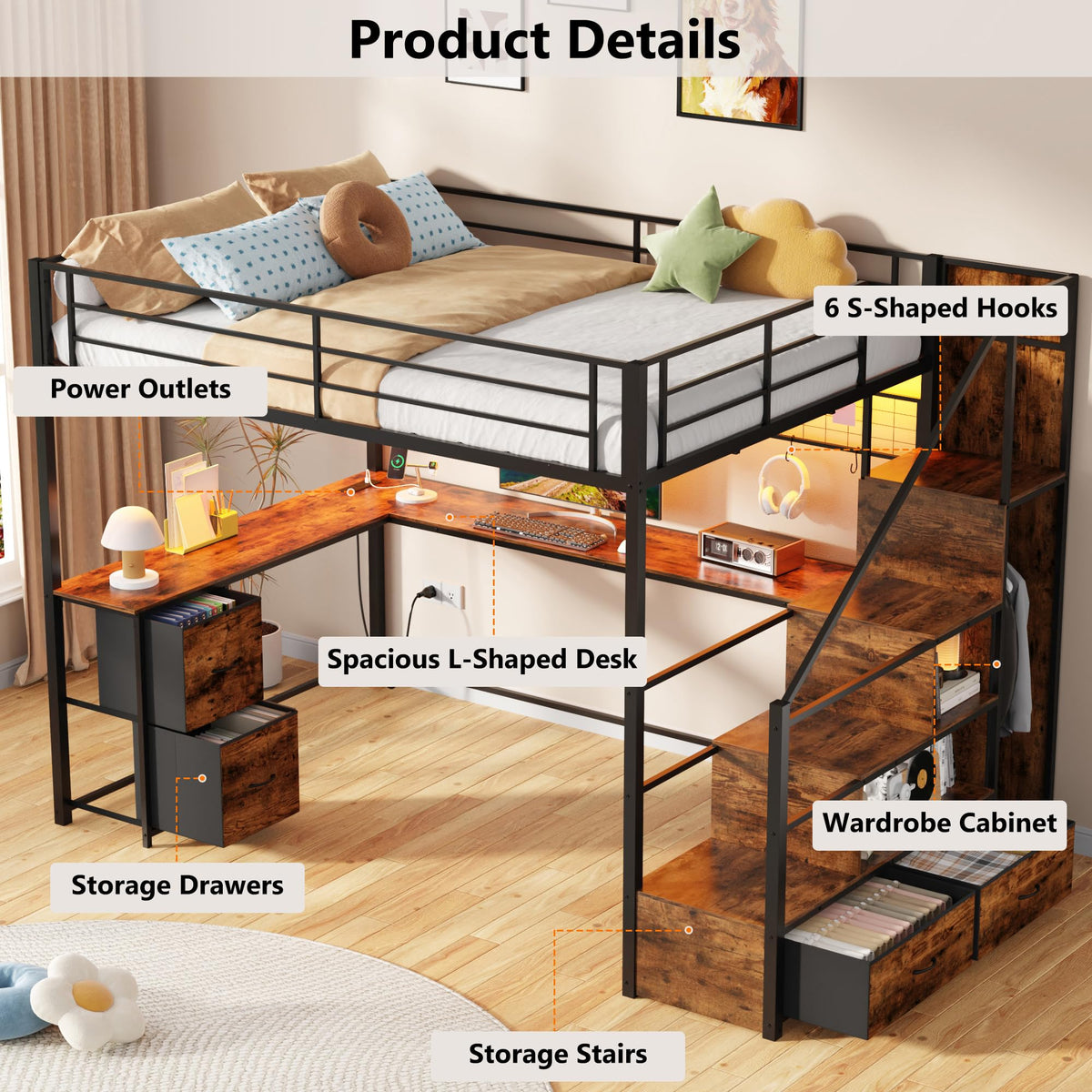 Queen Size Loft Bed with L-Shaped Desk and Storage Stairs, Rustic Brown