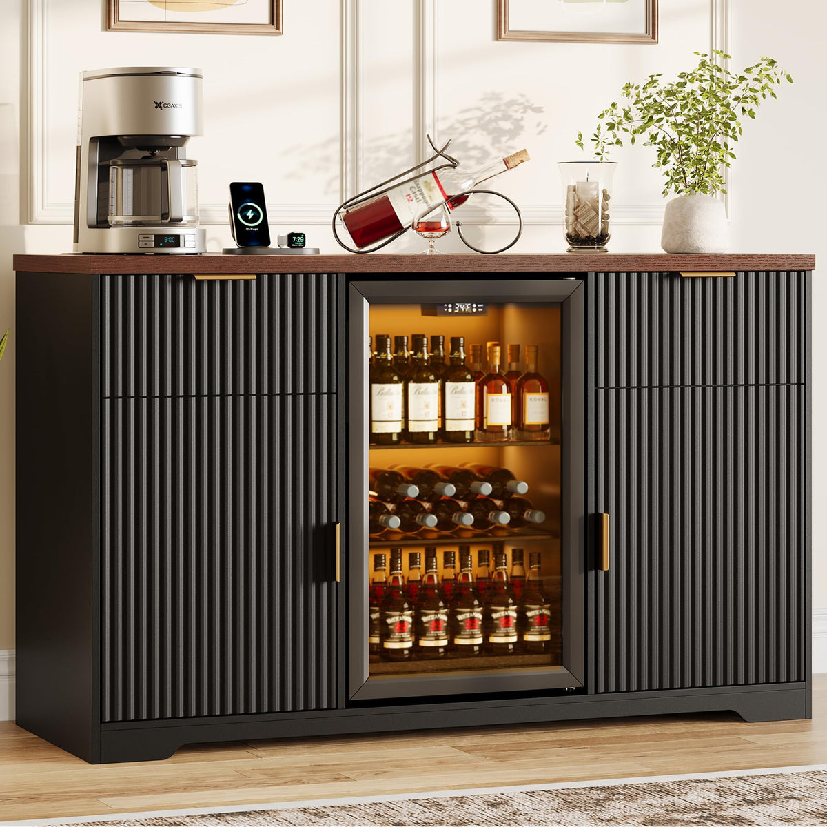Alohappy 55" Coffee Bar Cabinet with Charging Station & Fridge Space