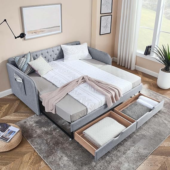Upholstered Daybed with Trundle & Storage Drawers