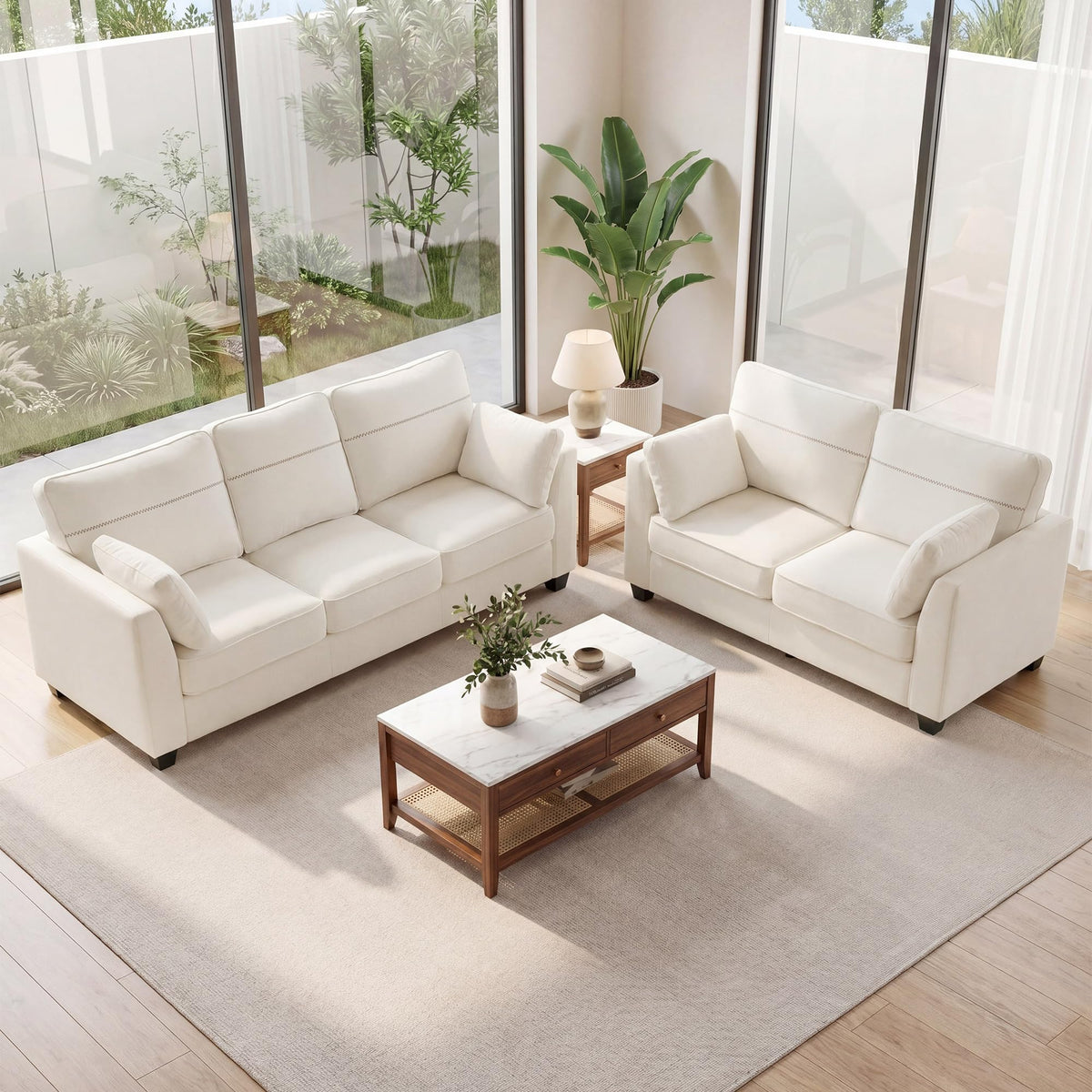 Landassy Home 2-Piece Sofa Set, 65.4" Loveseat + 89" 3-Seater Couch, Beige