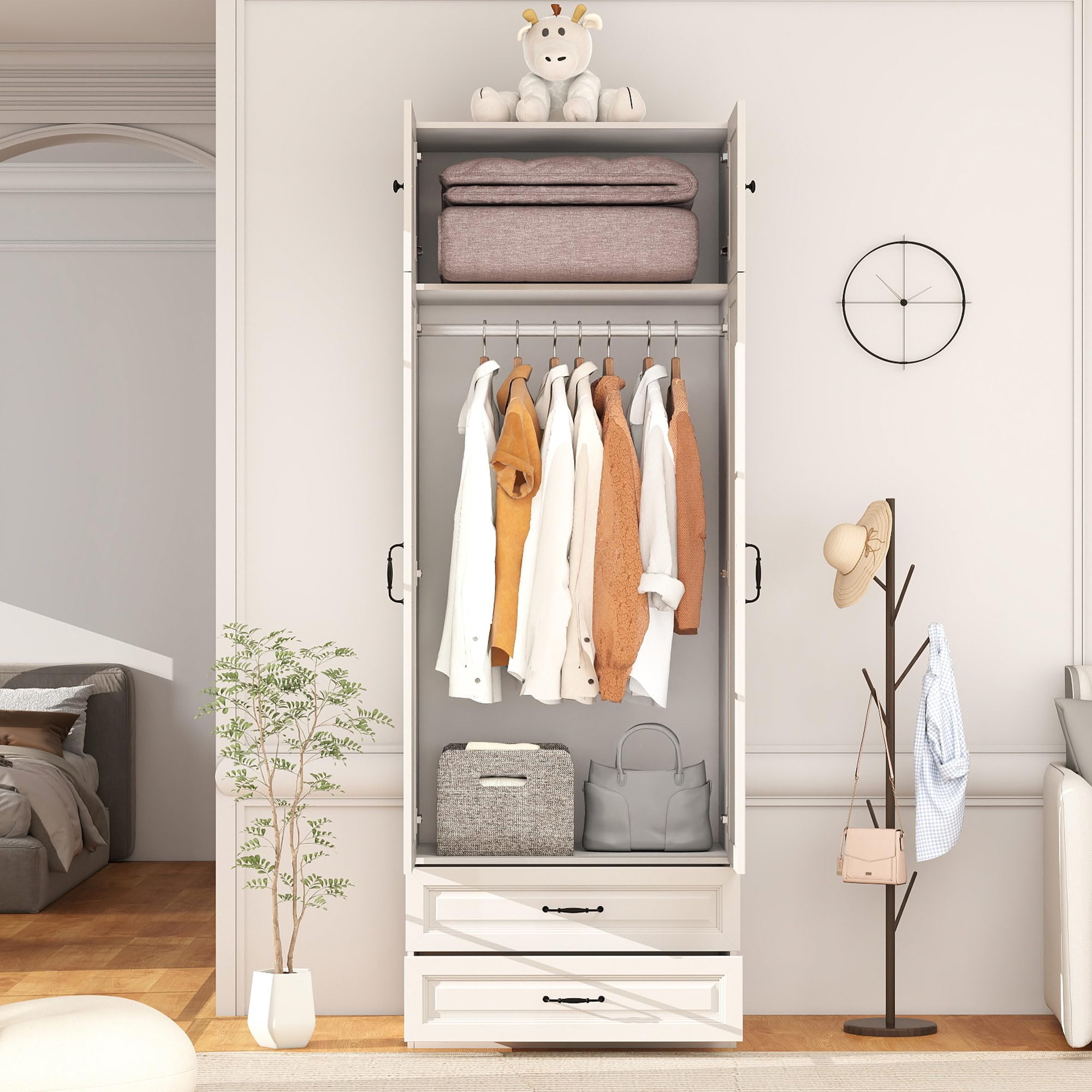 Vrmuxita Armoire Wardrobe Closet with Drawers: Bedroom Armoires with Hanging Rod, Wooden Closet Cabinet for Hanging Clothes, Tall Wardrobes Closets with Doors and Shelves (White, 32")