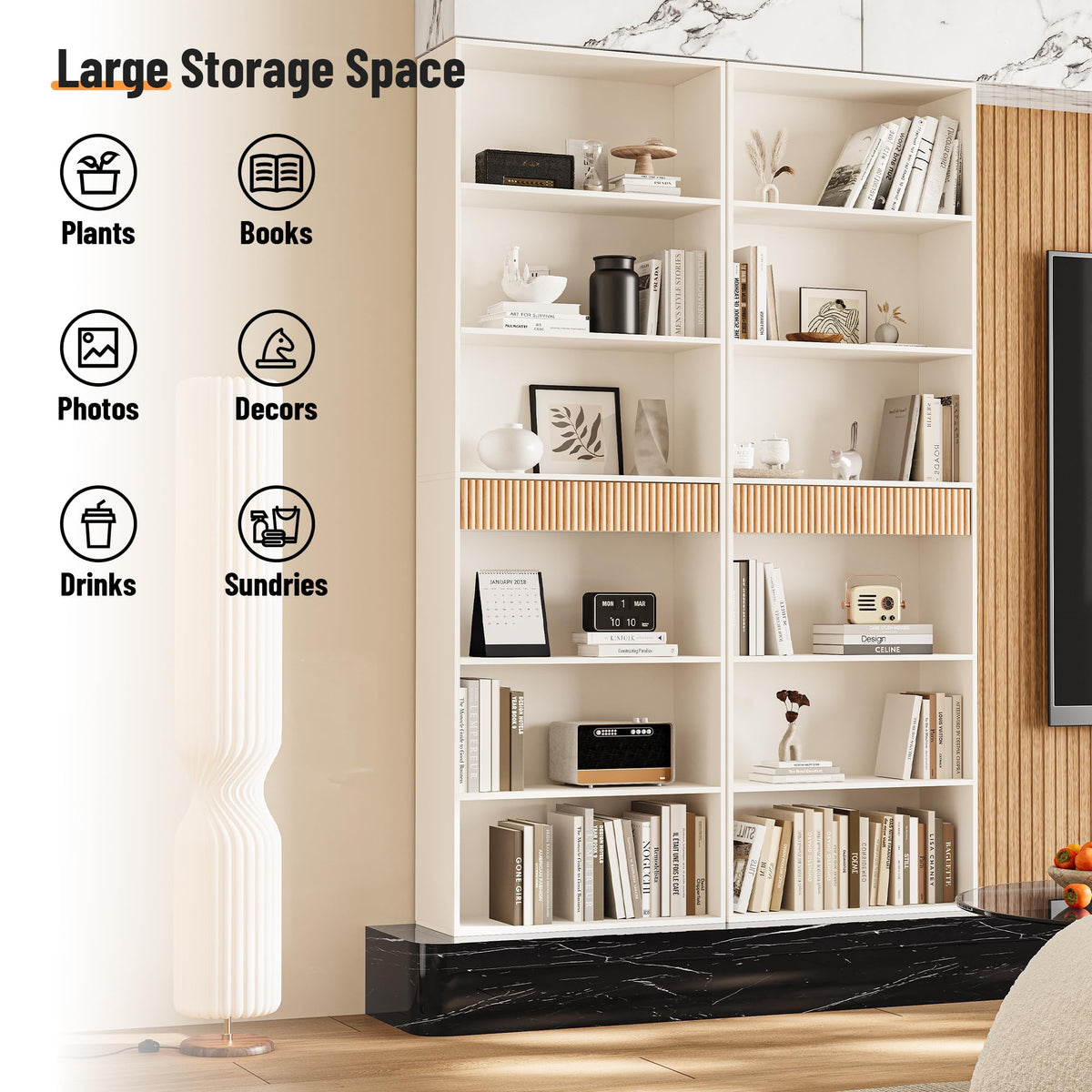 White 7-Tier Bookshelf with Drawer