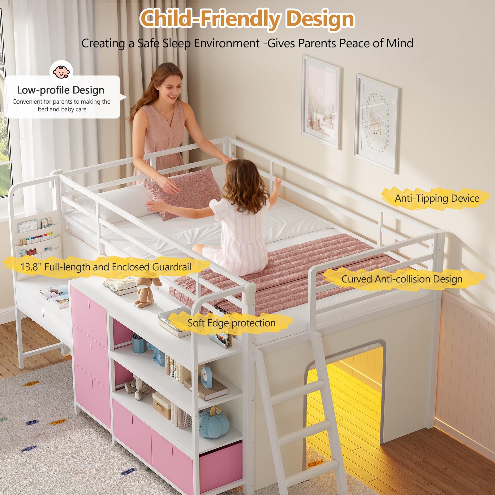Twin Low Loft Bed with Desk, Storage Drawers & LED Lights