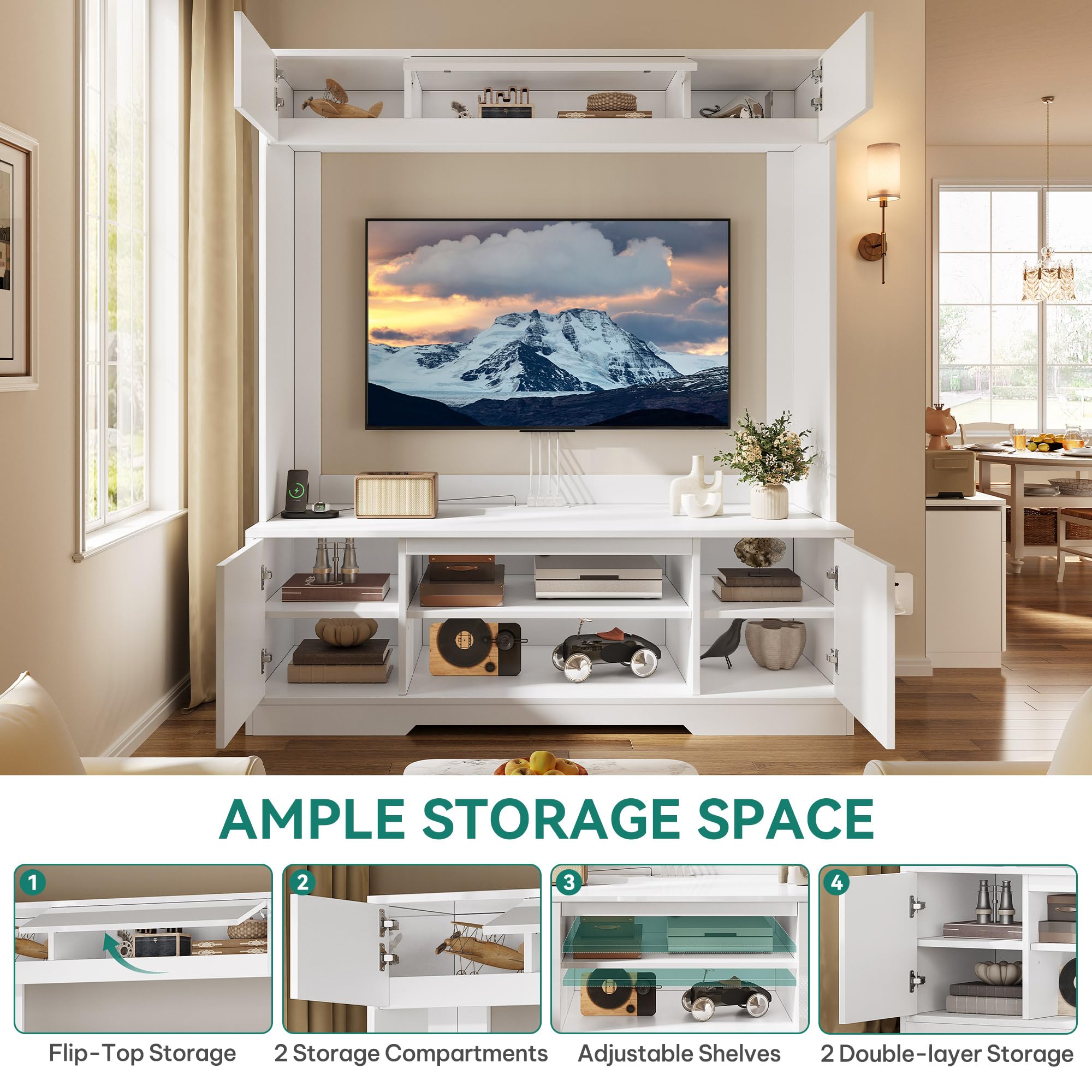 YITAHOME Wall Unit Entertainment Center for 65 Inch TV, Tall TV Stand with Power Outlets & Storage Cabinet, High Modern Media Console Table for Living Room, White
