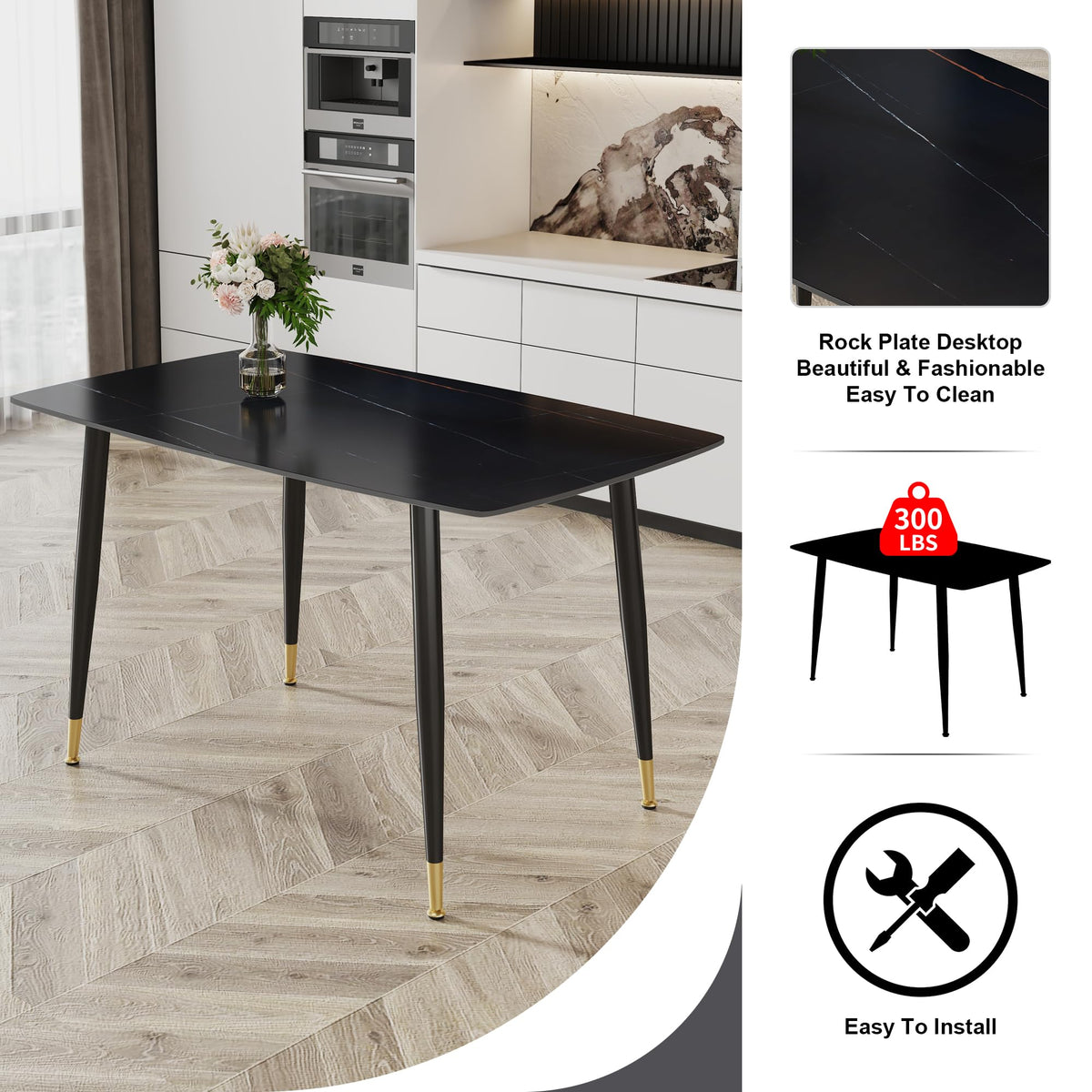 WEKEOT 50" Rectangular Sintered Stone Dining Table for 4 Minimalist Kitchen Table with Black Metal Legs Dinner Table for Kitchen Dinette Breakfast Nook (1 Table, Black)