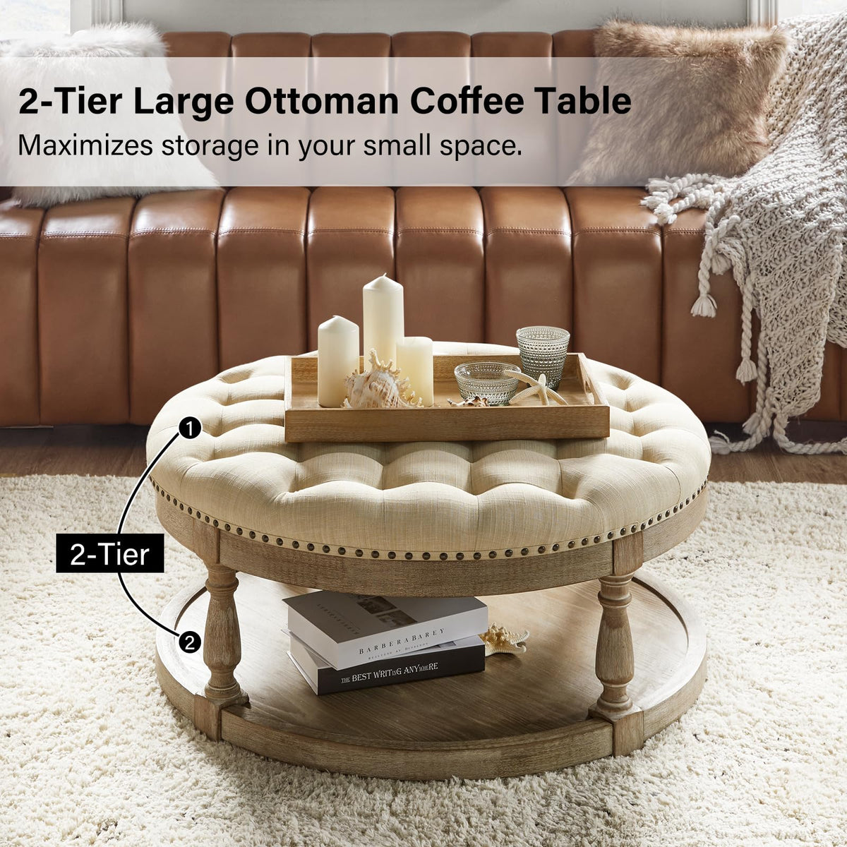 HULALA HOME Large Round Ottoman Coffee Table, 2-Tier Oversized Button Tufted Ottoman, with Wood Shelf Storage Farmhouse Upholstered, Coffee Table for Living Room Footrest, Linen