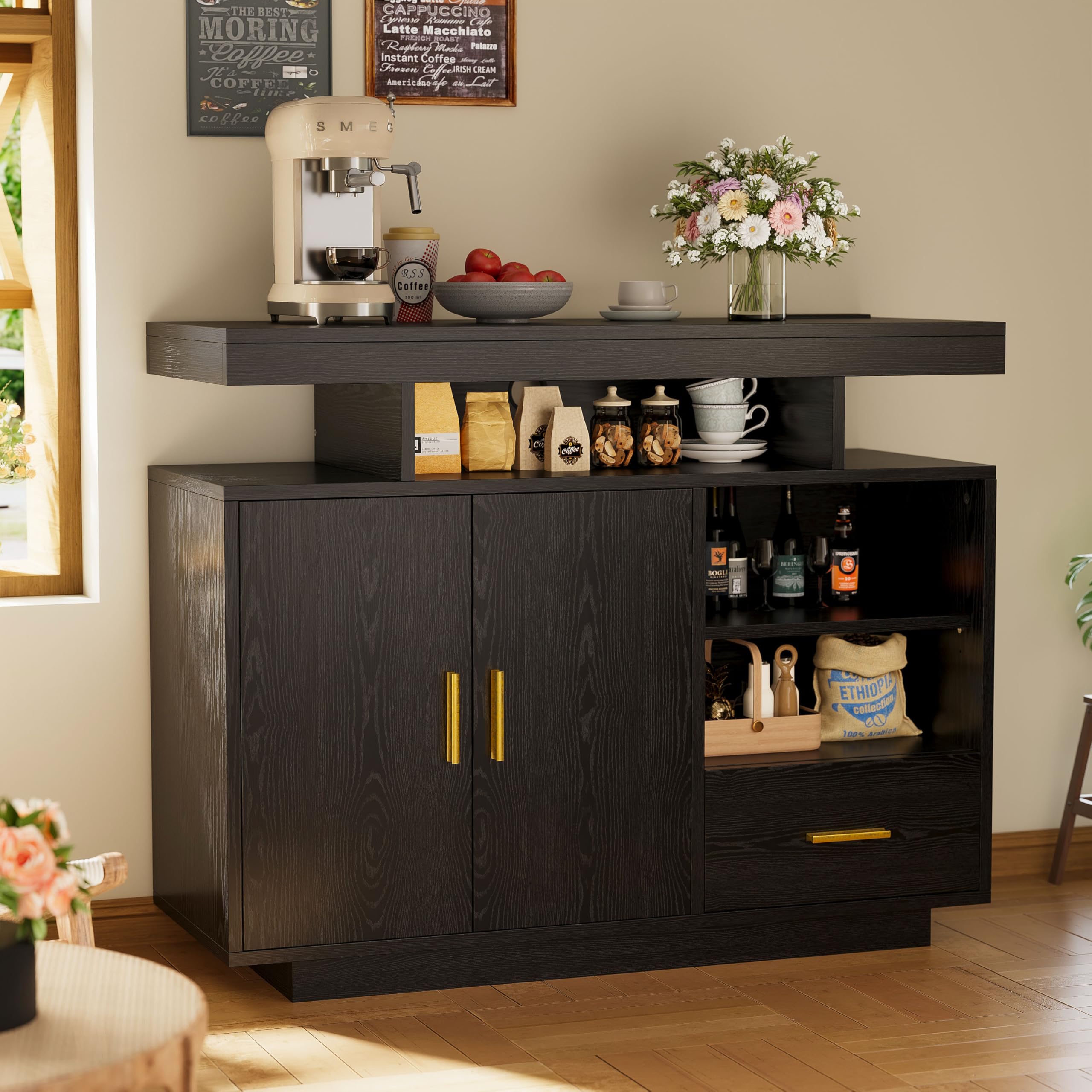 IRONCK Buffet Cabinet, Sideboard Cabinet with Power Outlet and LED Light, Modern Storage Cabinet with Drawer, Coffee Bar Cabinet with Doors and Shelves for Kitchen, Black