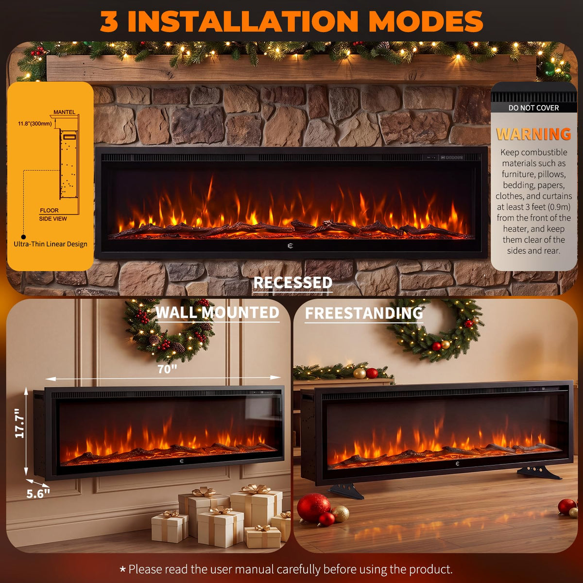 BINMIT 70 Inch Smart Electric Fireplace Insert Recessed and Wall Mounted