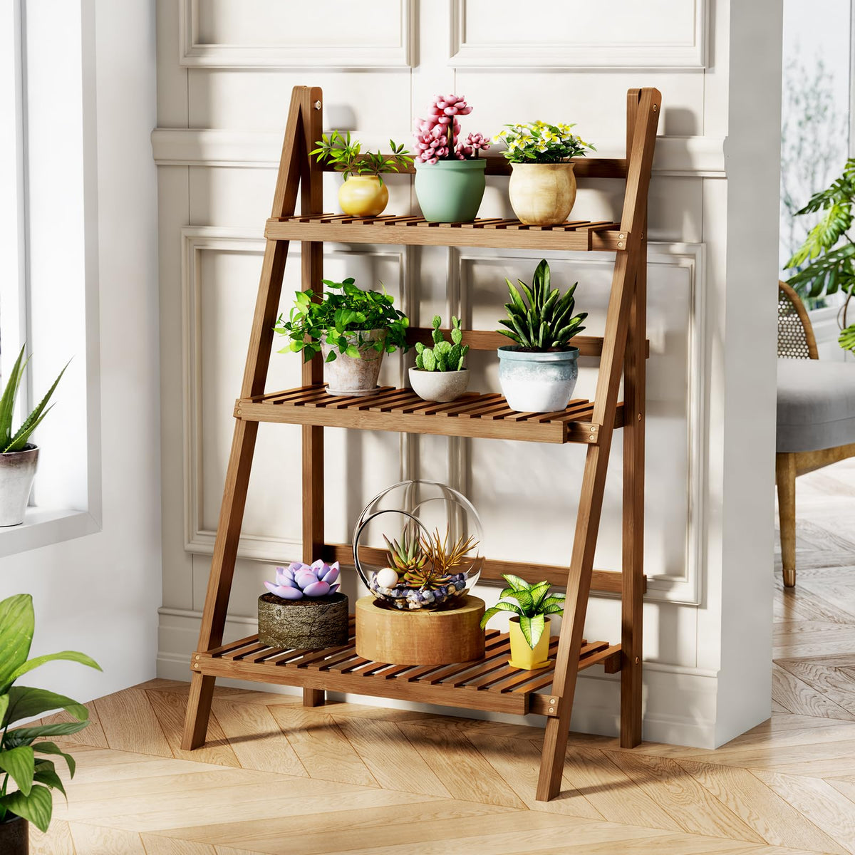 Ladder Shelf, Foldable Plant Shelf Stand, 3-Tier Bamboo Bookshelf, 39.4In