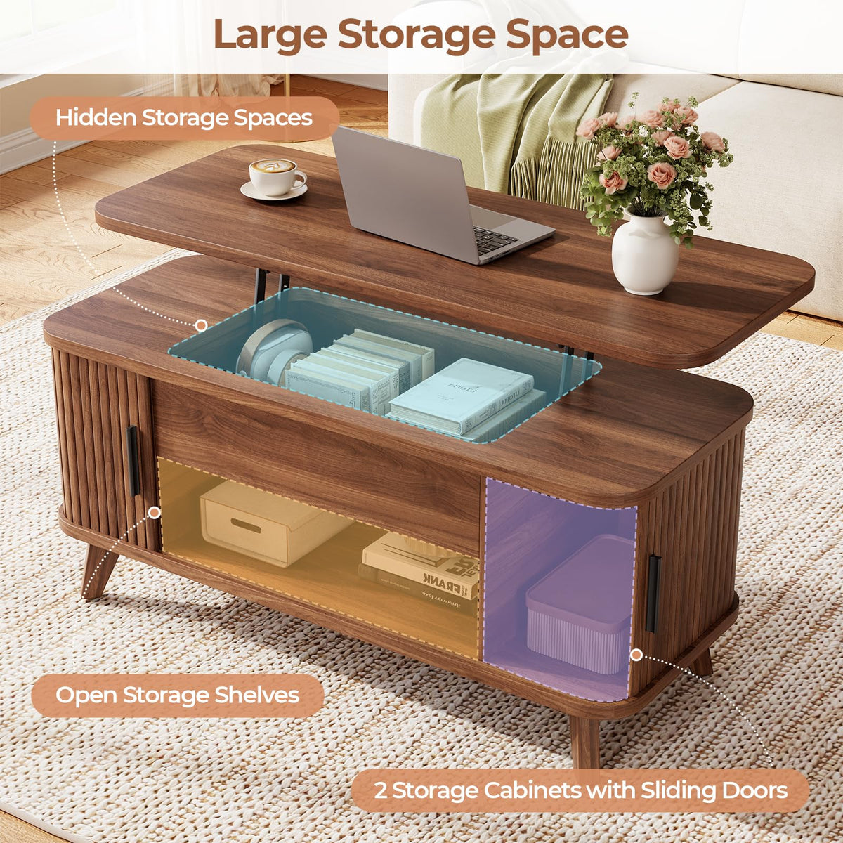 Mid Century Lift Top Coffee Table with Hidden Storage, Brown