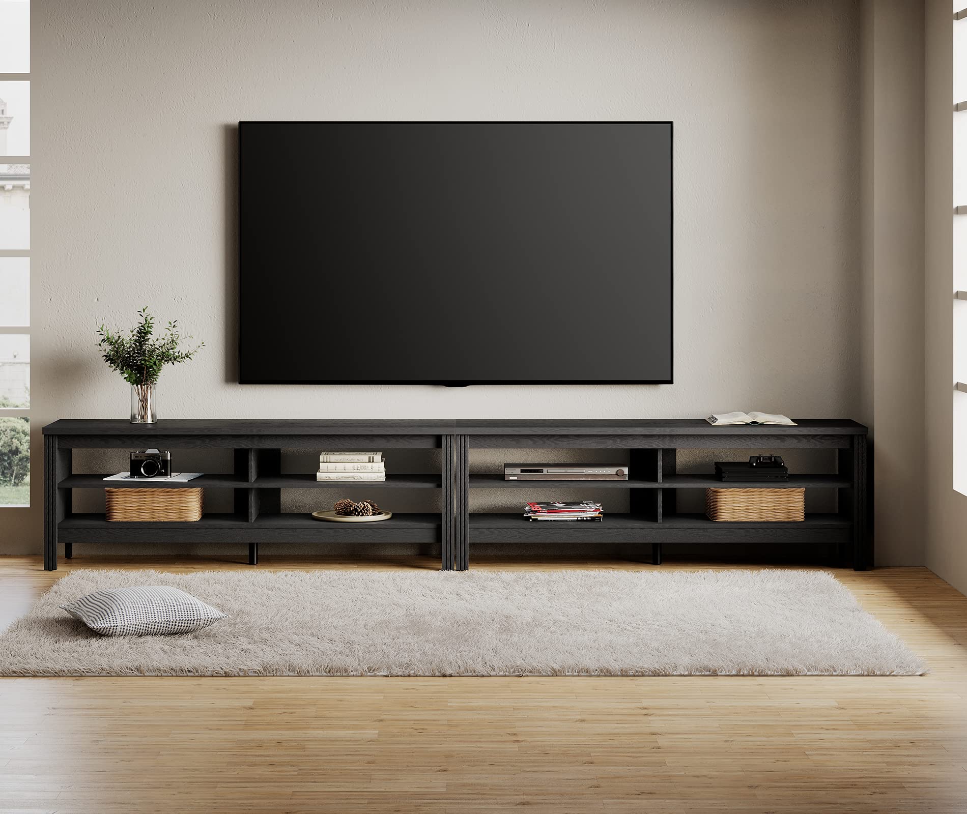 Large Wooden Entertainment Center for 100+ Inch TV, 75-90 Inch Television Stand With 8 Cubby, Console Table and End Tables Set for Living Room Office Bedroom, Black, 105 Inch