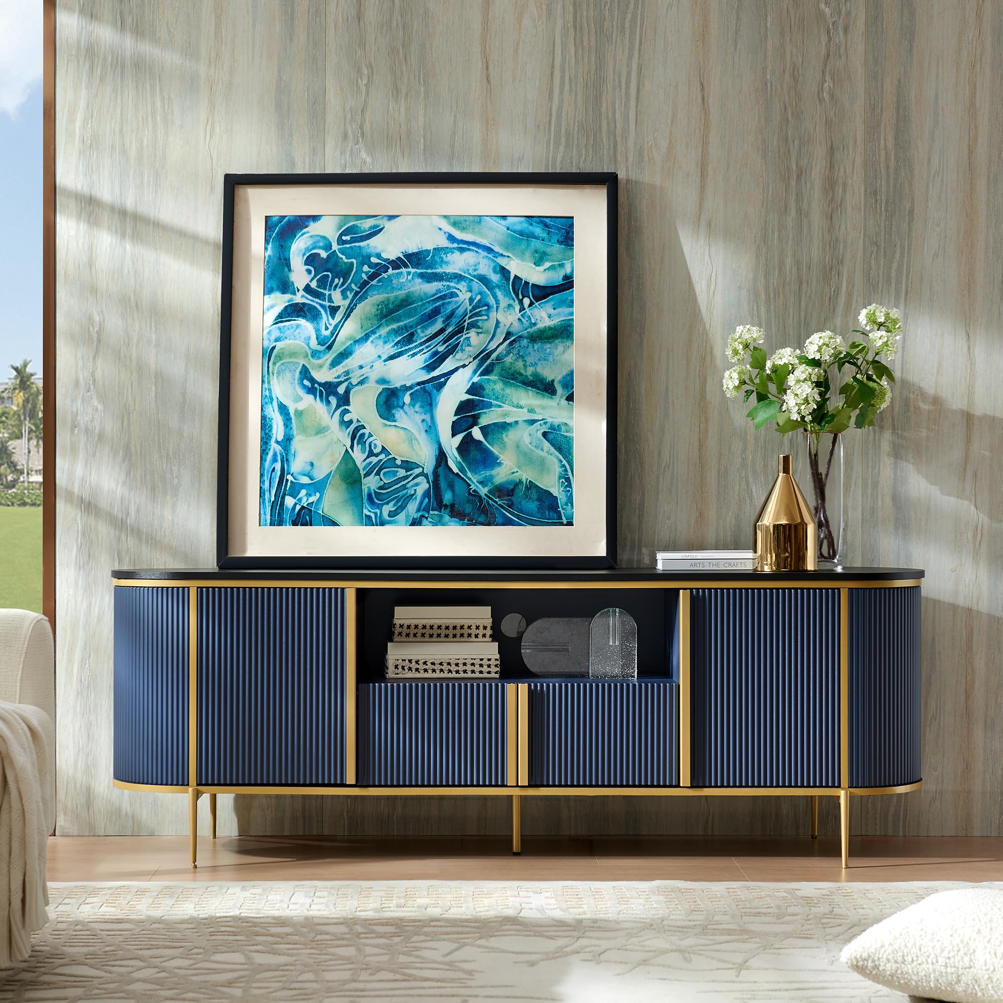 OKD Luxury 70" Fluted TV Stand, Modern Entertainment Center for TVs Up to 80 inches, TV Console with Faux Marble Top, Curved Profile Design, Media Console for Living Room, Blue