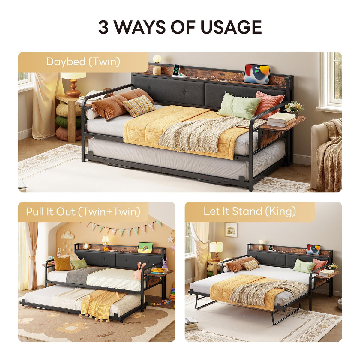 LIKIMIO Twin Daybed with Trundle, Day Bed with Charging Station