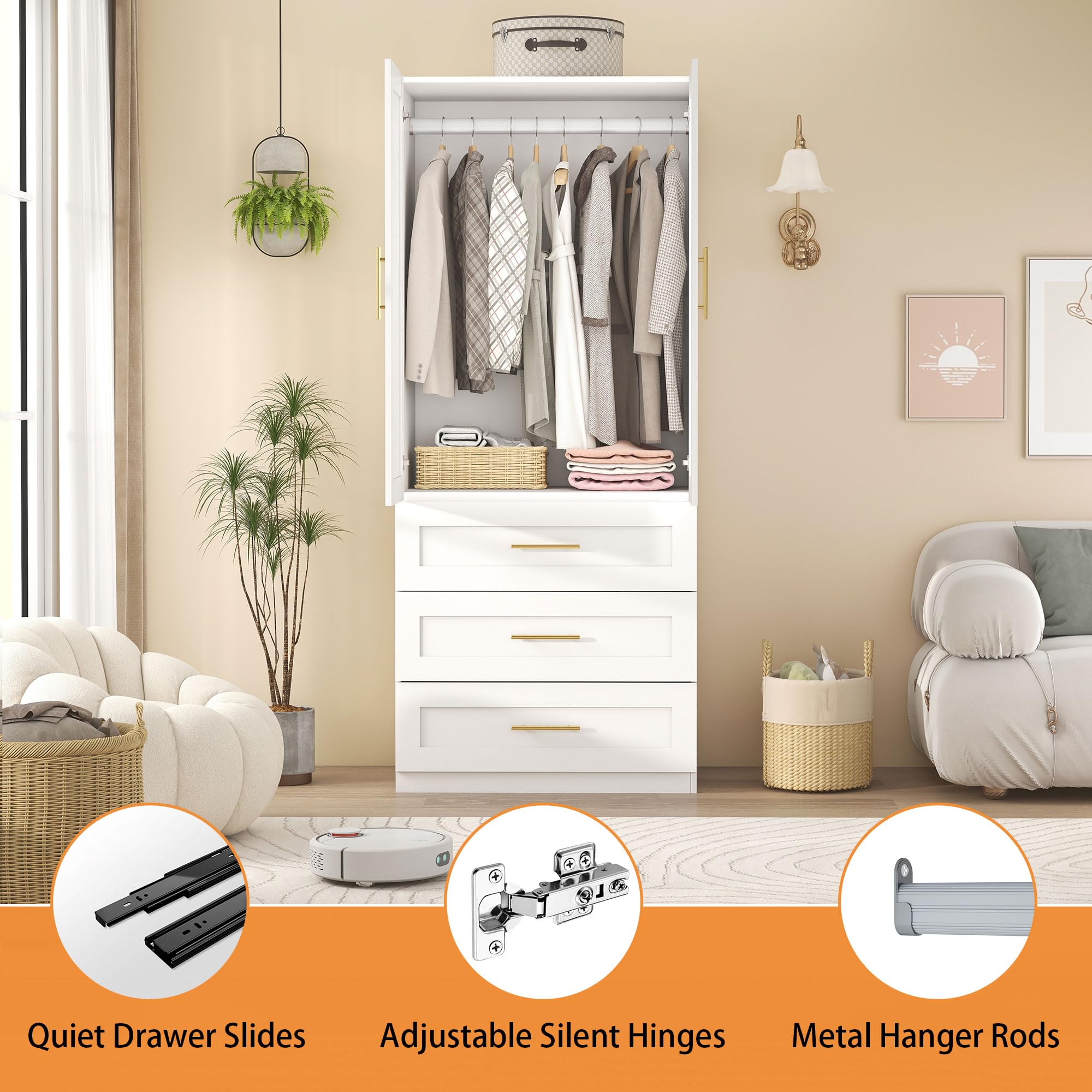Wardrobe Closet with Drawers & Hanging Rod