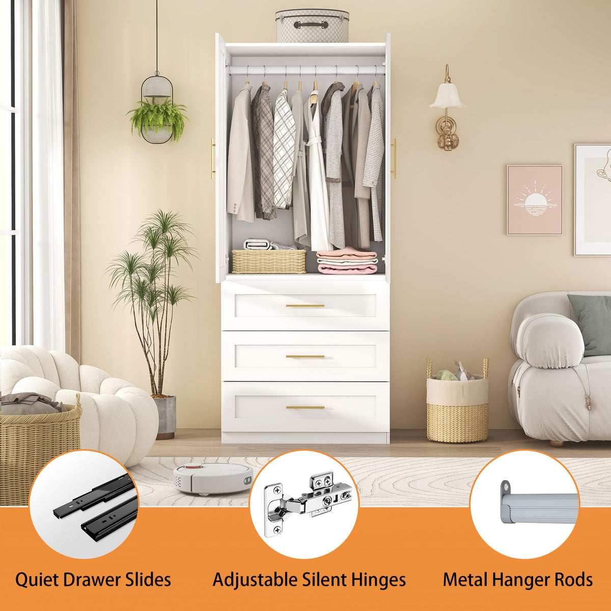 White Armoires Wardrobes Closet with 3 Drawers, 75" Tall x 32" Wide