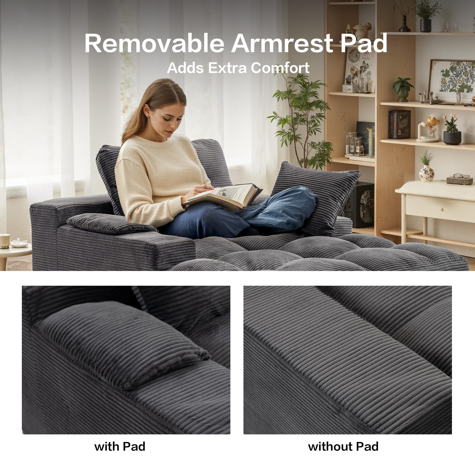 spanspace Oversized Chaise Lounge Chair Indoor, Plush Sleeper Sofa Couch Reading Chairs with Throw Pillows and Removable Armrest Pads for Living Room, No Assembly Required