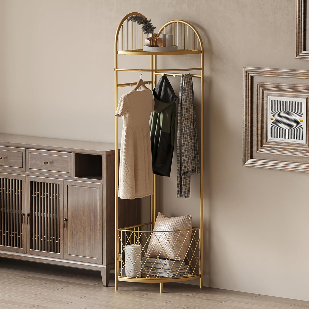 HKaikzo Corner Coat Rack, Gold Clothes Rack with 6 Metal Movable Hooks and Storage Basket Hall Tree Design Clothing Rack for Bedroom Entryway Hallway