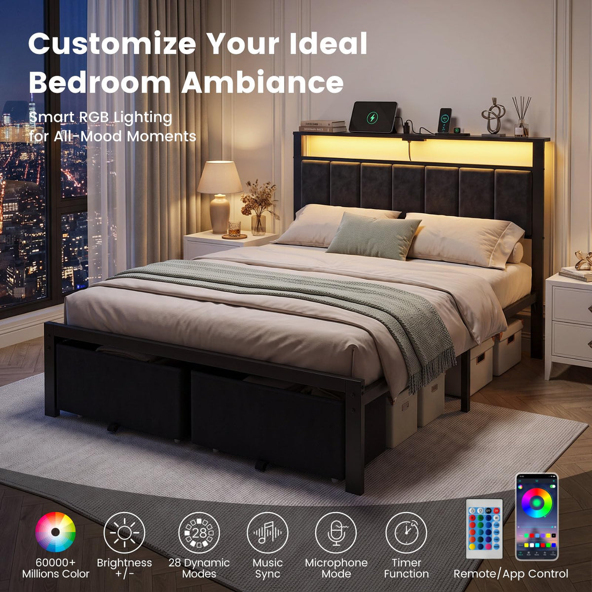 Kbun Full Size Bed Frame with Upholstered Headboard and 2 Storage Drawers