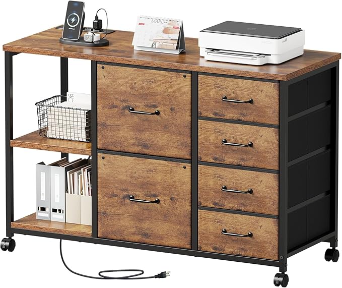 6-Drawer File Cabinet with Charging Station & Rolling Printer Stand