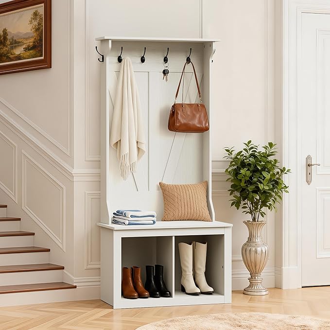 Farmhouse Hall Tree with Bench & Shoe Storage