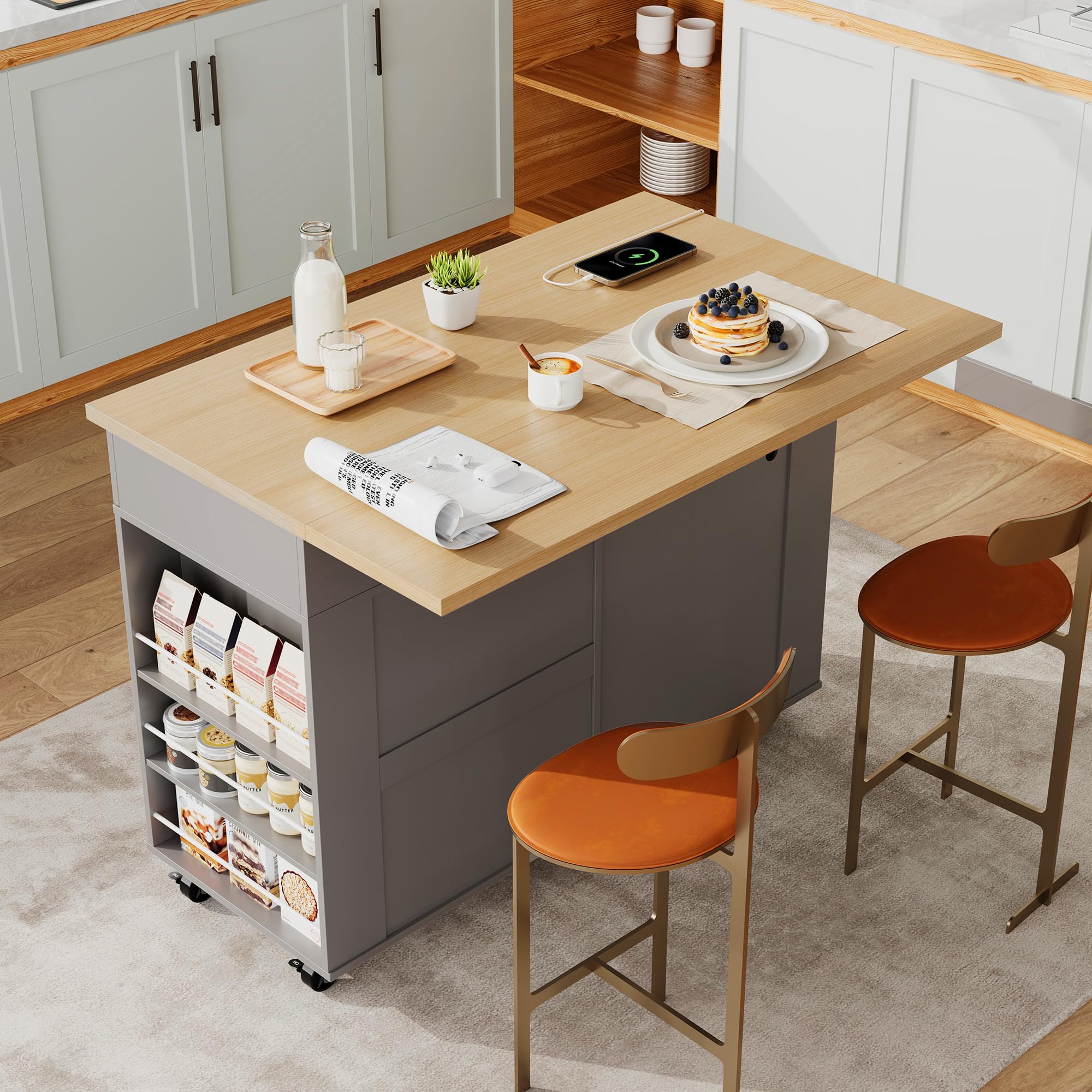 Rolling Kitchen Island with Drop Leaf & Charging Station